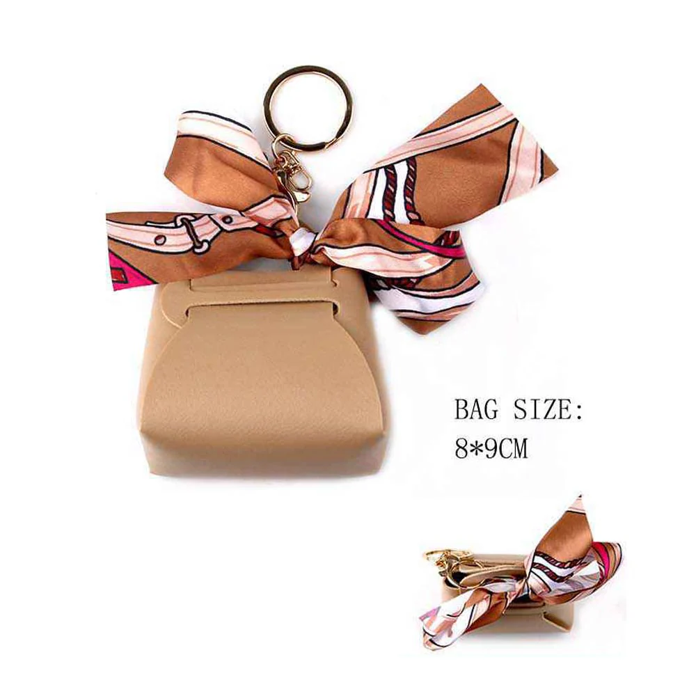 12PCS - Fabric Scarf Bow Accent Faux Leather Mini Coin Purse Keychains 5.6" L, 3" X 2.75" X 1.5" - Image 3