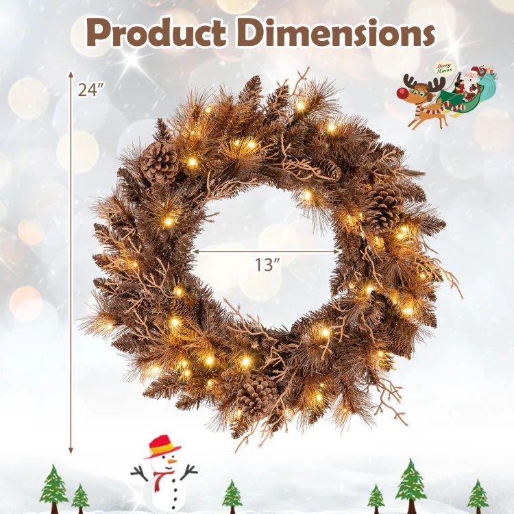 24-Inch Pre-Lit Christmas Wreath with Warm White LED Lights & Realistic Pine Tips - Image 3