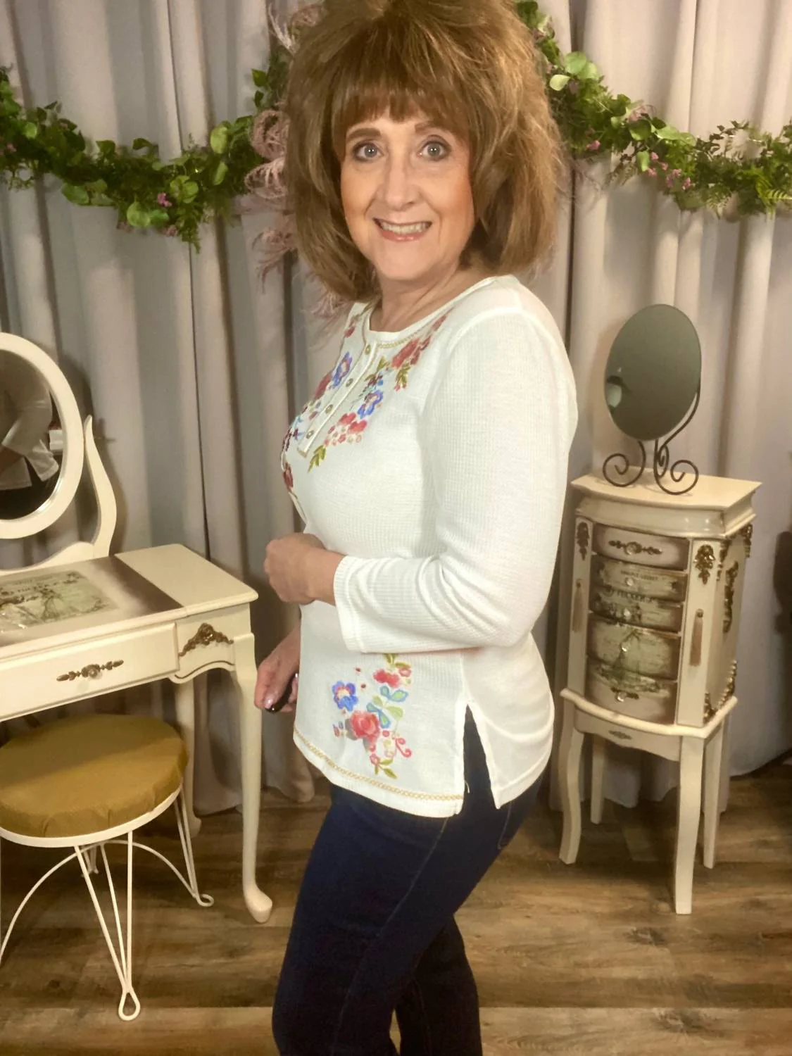 3/4 Sleeve Thermal Henley Blouse In White - Image 2