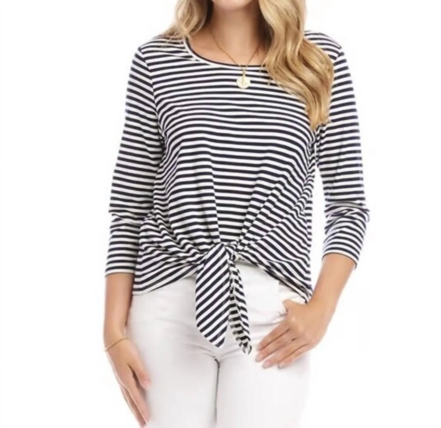 3/4 Sleeve Tie Front Top In Navy