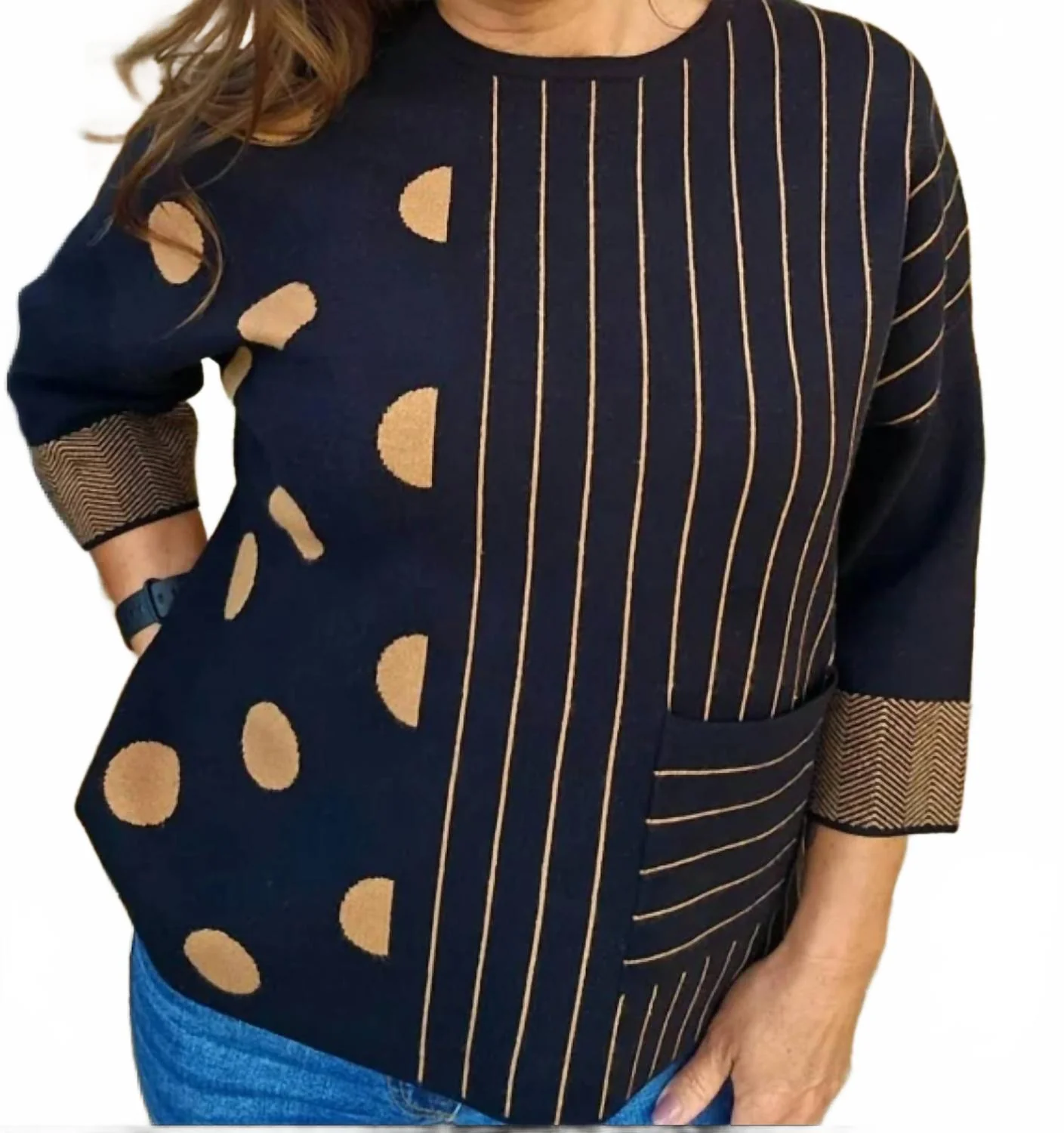 3/4 Sleeves Striped Polka-Dot Top In Camel/black - Image 2