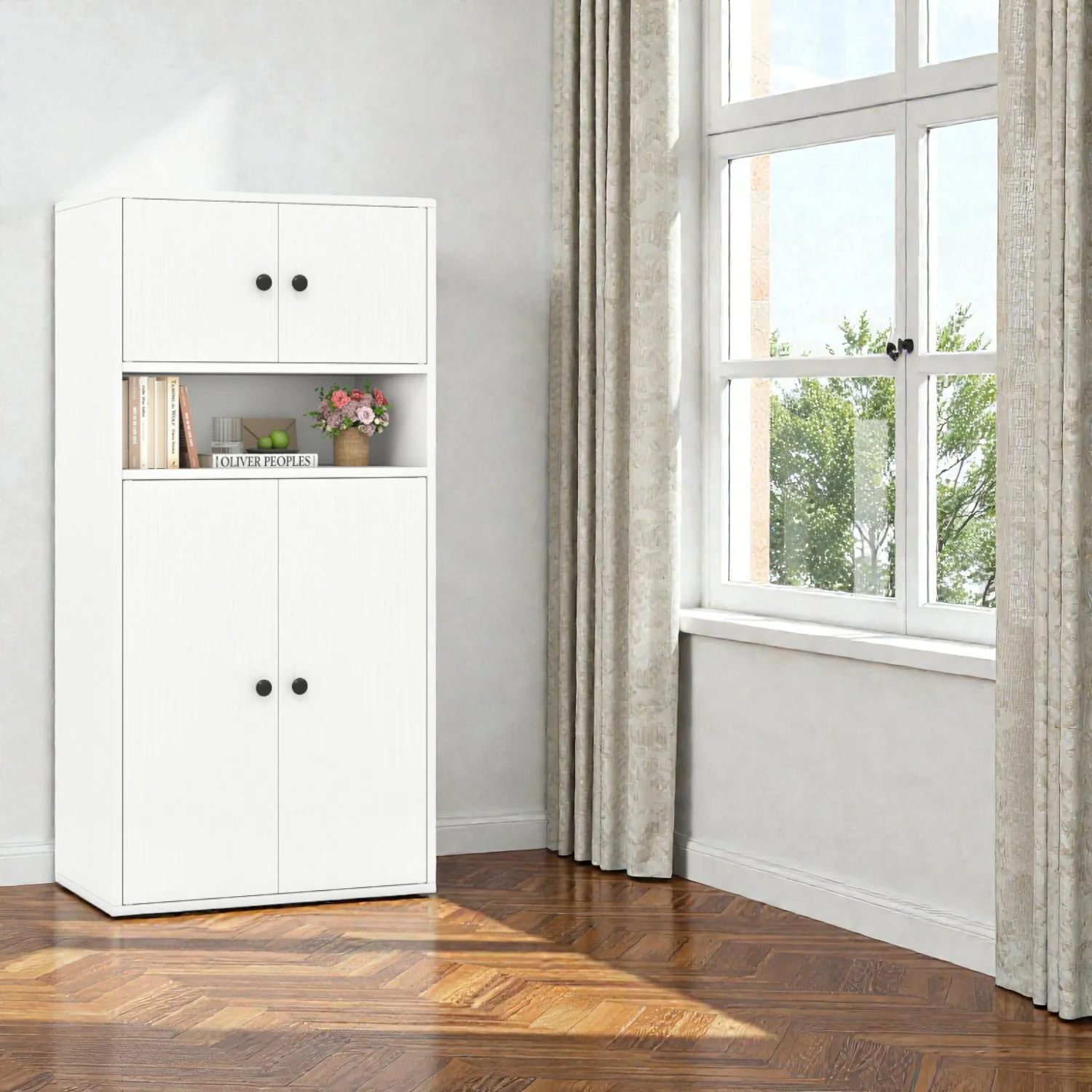 44” High Bookcase Cabinet with Adjustable Shelves and Enclosed Storage