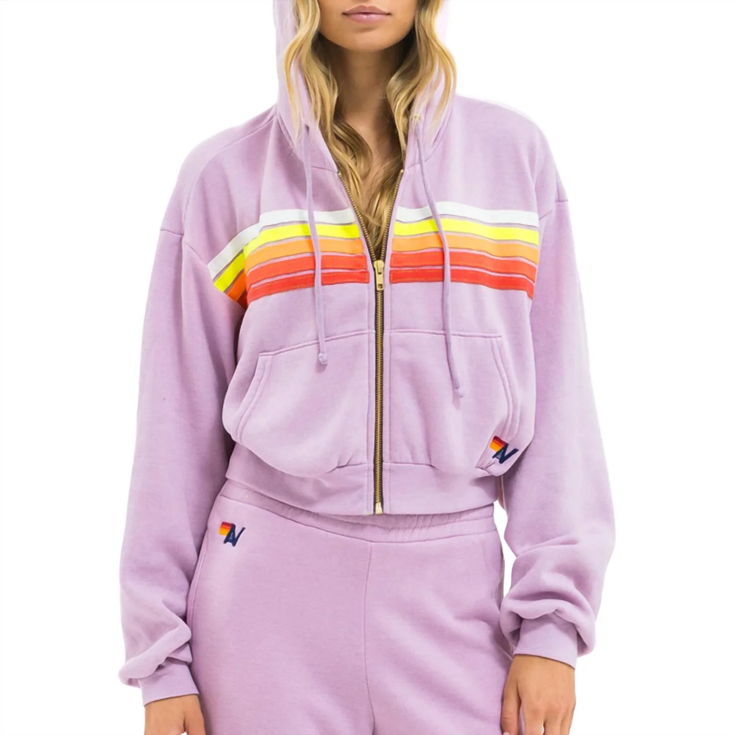 5 Stripe Cropped Zip Hoodie In Mauve/white Neon