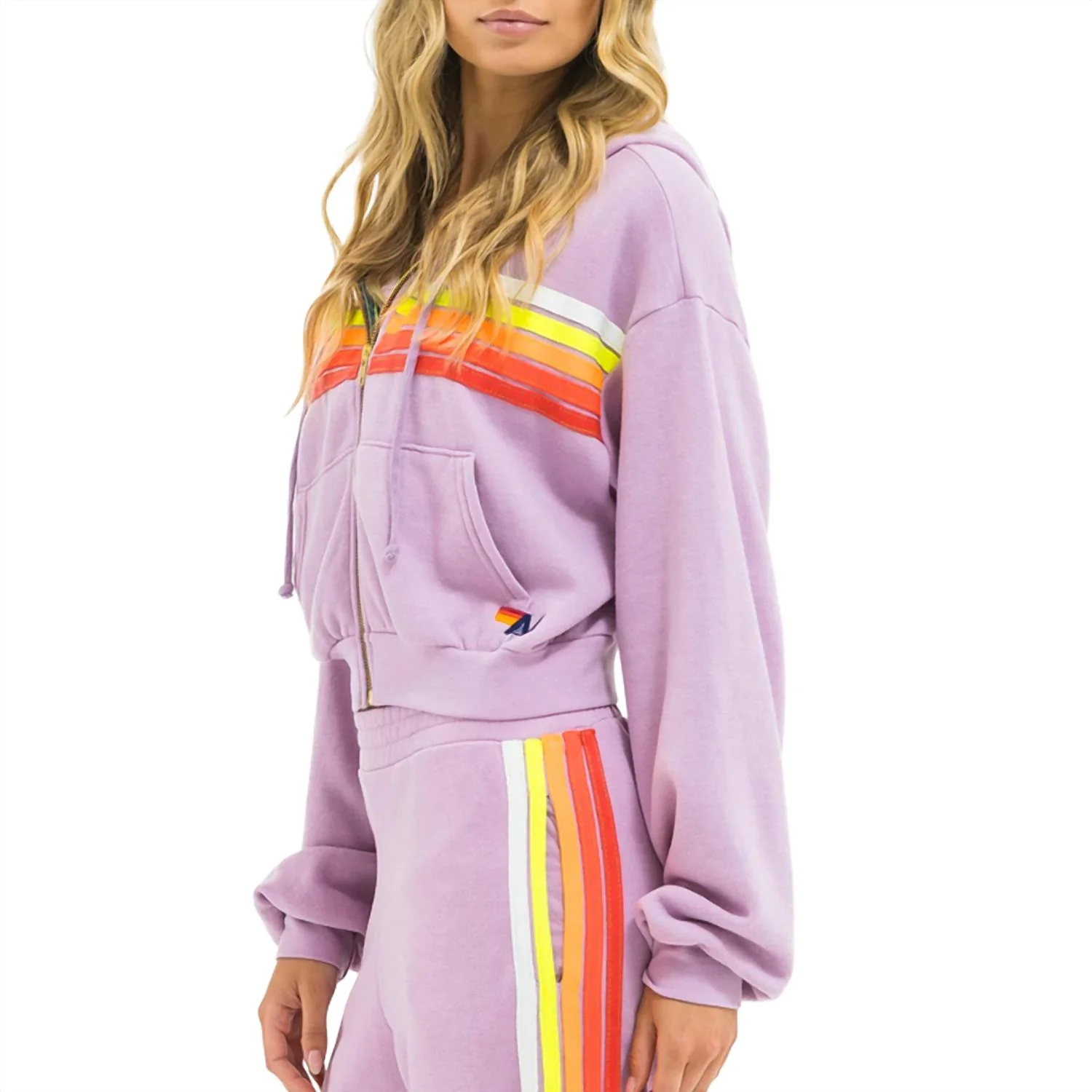 5 Stripe Cropped Zip Hoodie In Mauve/white Neon - Image 2