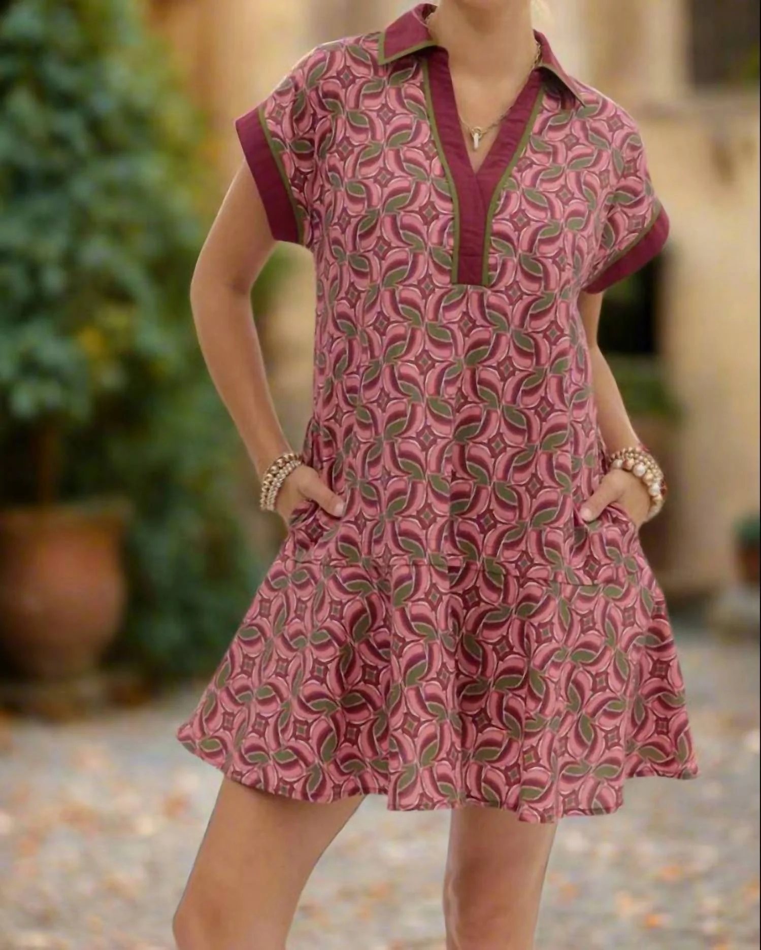 Abstract Cotton Mini Dress In Wine