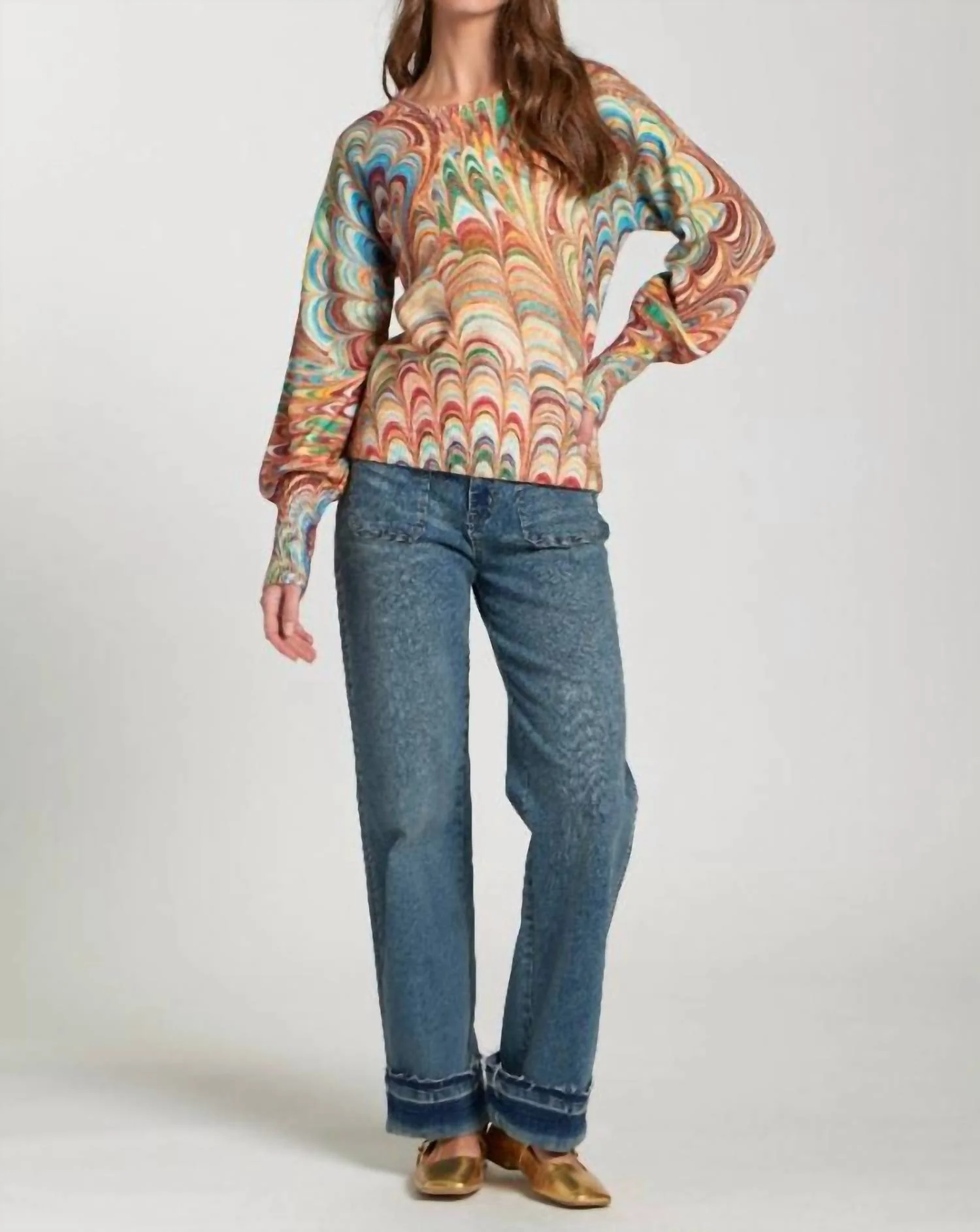 Abstract Marble Printed Puff Sleeve Pullover Top In Apricot Multi - Image 5