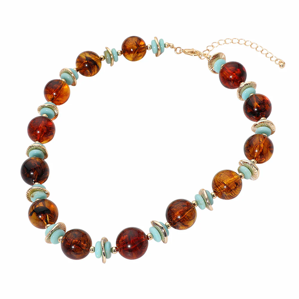 Abstract Marbled Resin Ball Beaded Necklace - Gold, Tortoise - Image 4
