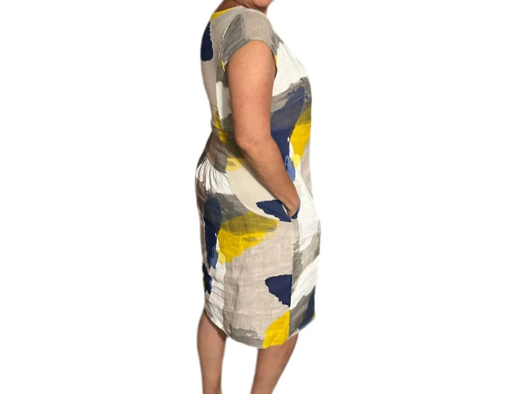Abstract Print Linen Dress In Taupe - Image 3
