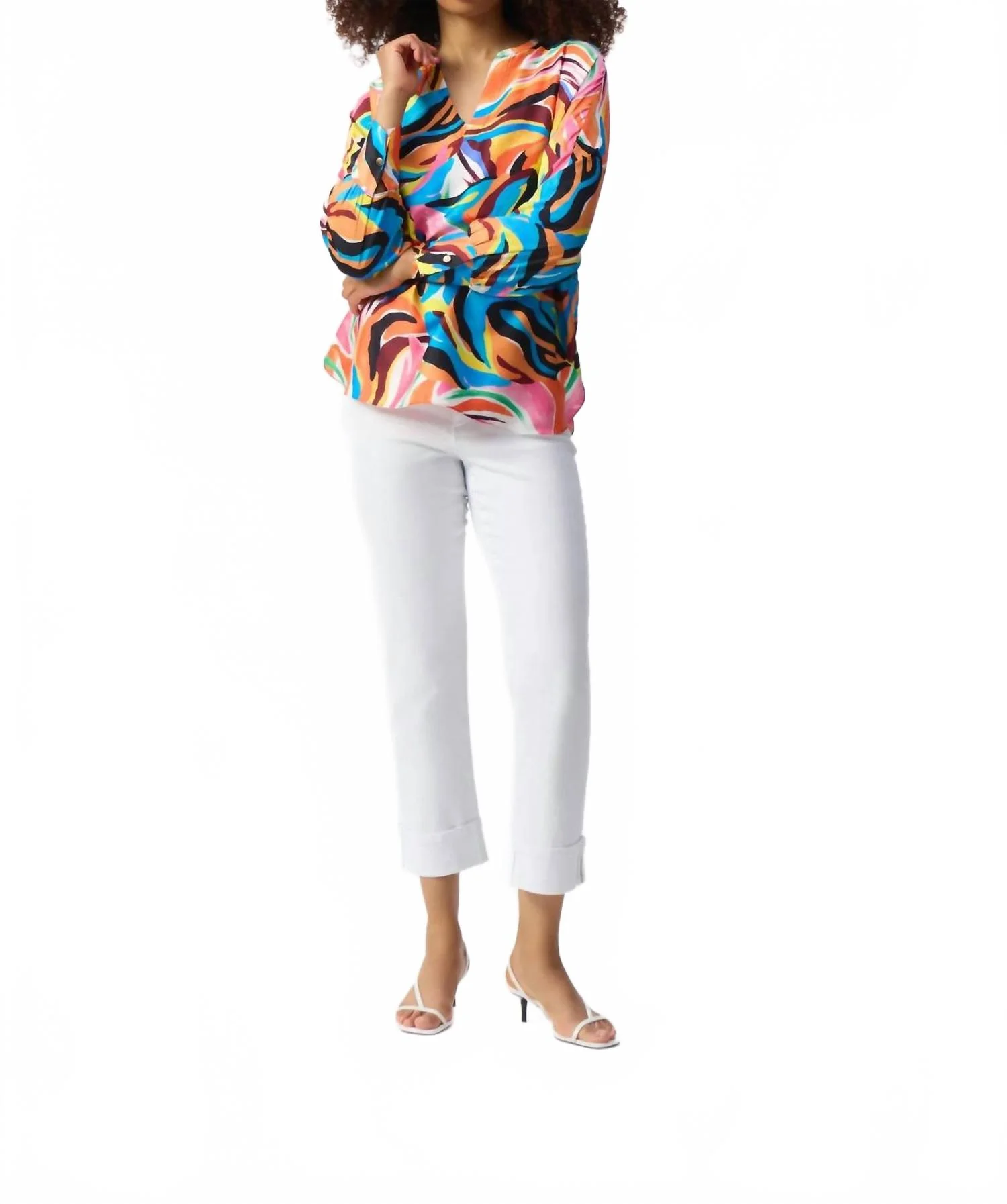 Abstract Print V-Neck Boxy Satin Top In Vanilla/multi