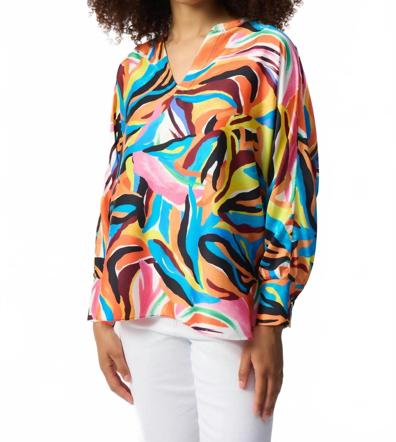 Abstract Print V-Neck Boxy Satin Top In Vanilla/multi - Image 2