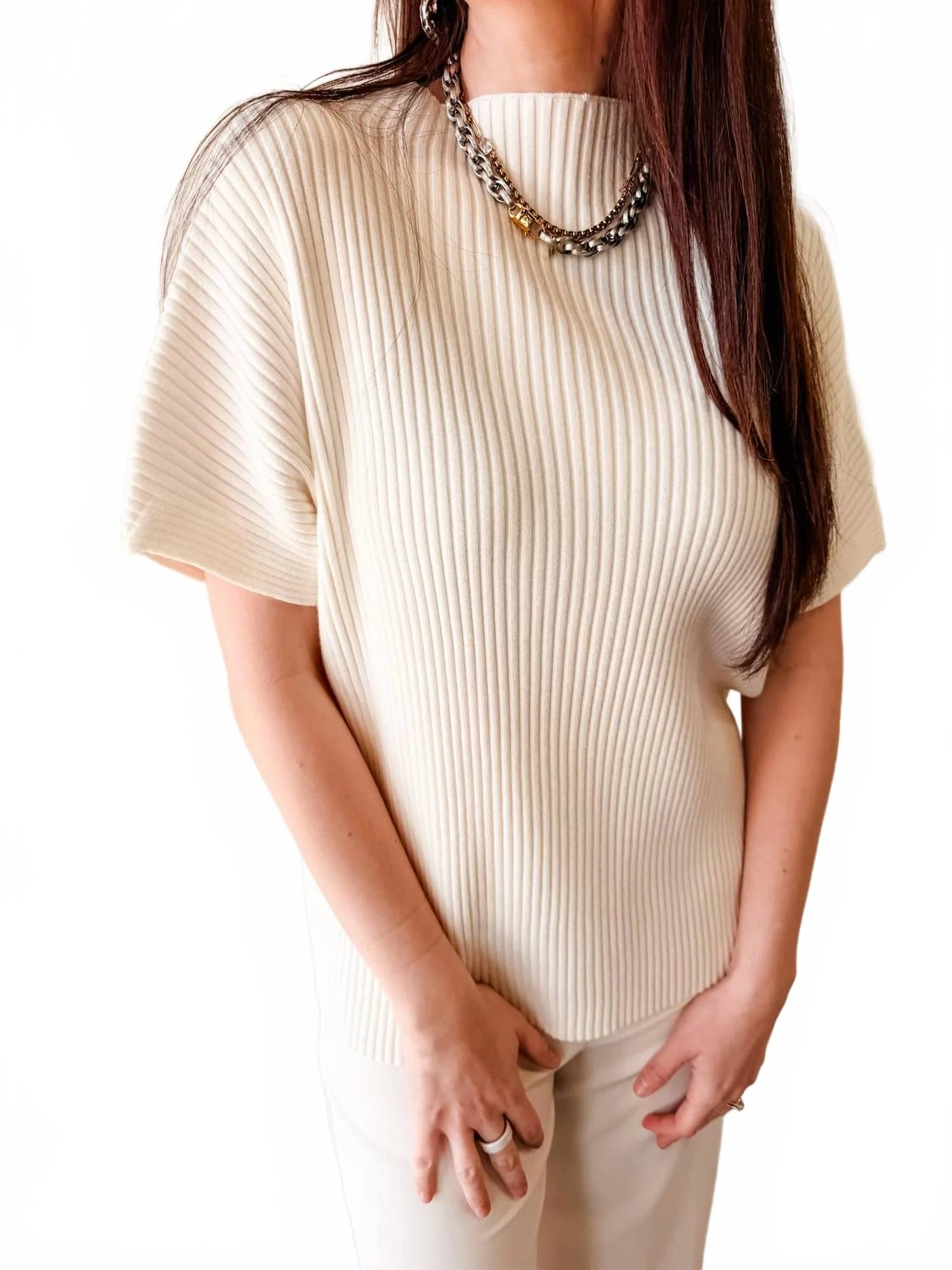 Addison Ribbed Mock Neck Top In White