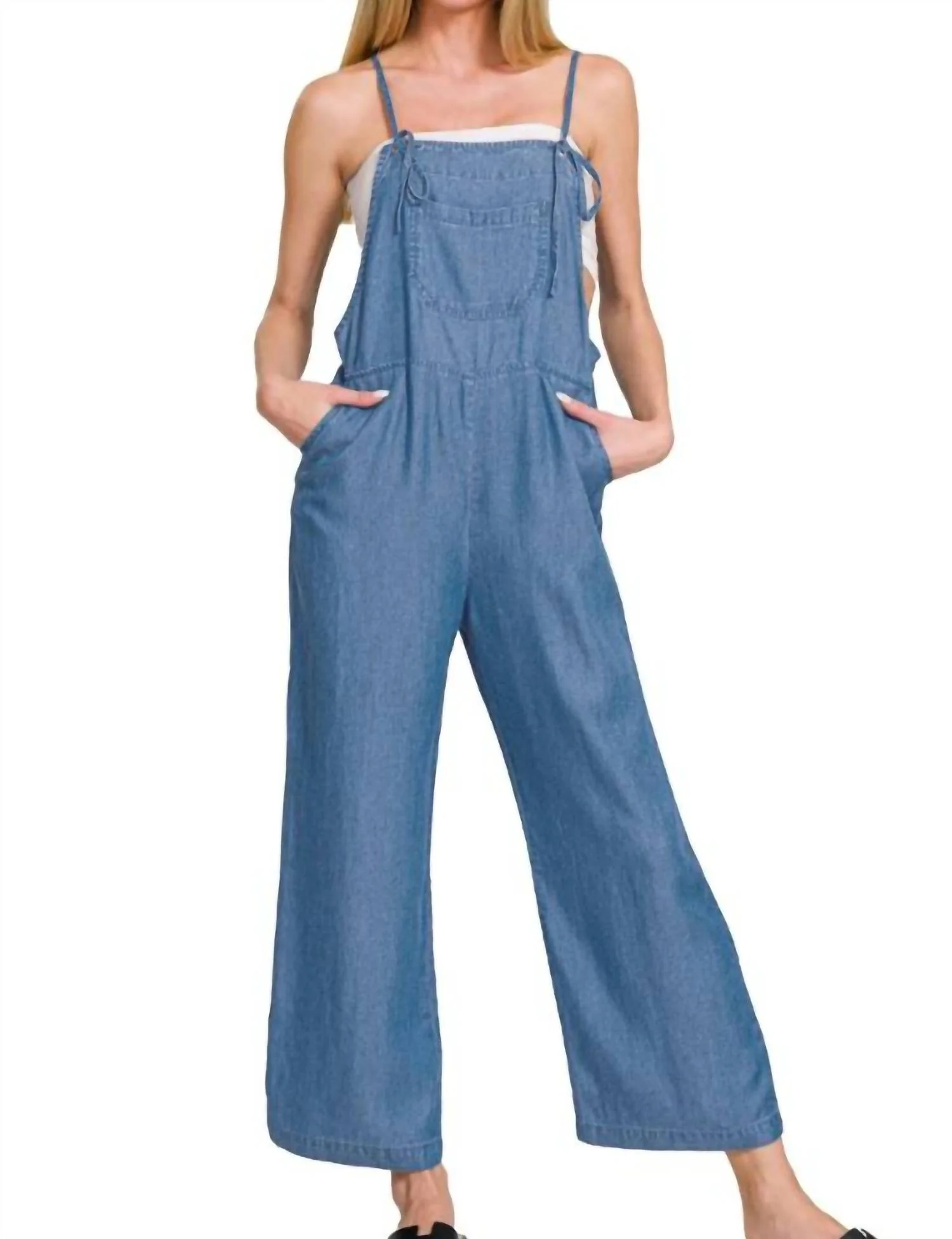 Adjustable Strap Denim Looking Jumpsuit In Dusty Blue