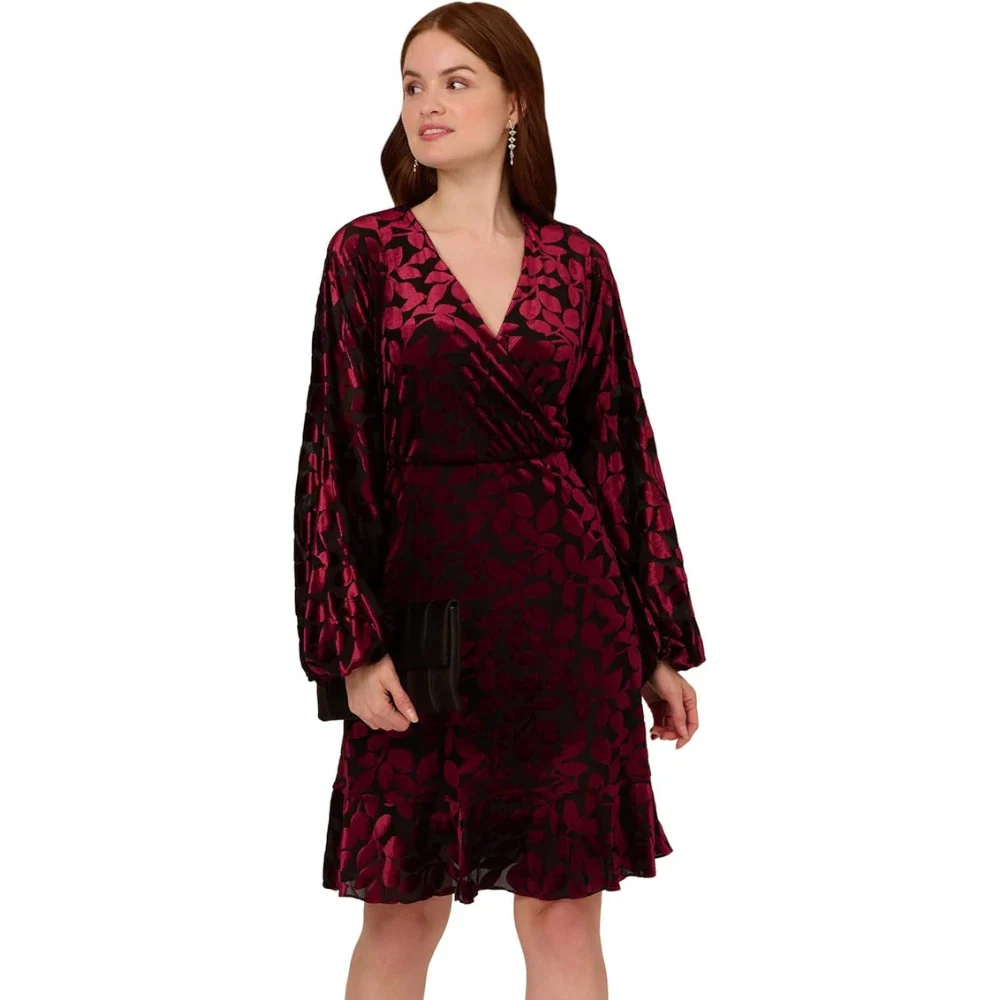 Adrianna Papell Dress Women's Burgundy Floral Velvet Surplice Neck Party FROG354 - Image 3