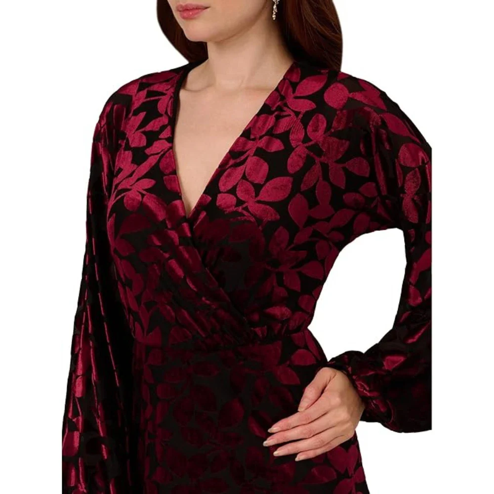 Adrianna Papell Dress Women's Burgundy Floral Velvet Surplice Neck Party FROG354 - Image 4