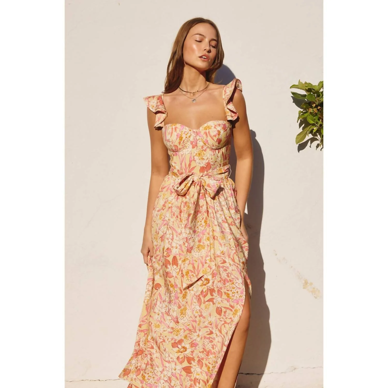 Alba Corset Flutter Dress In Beige
