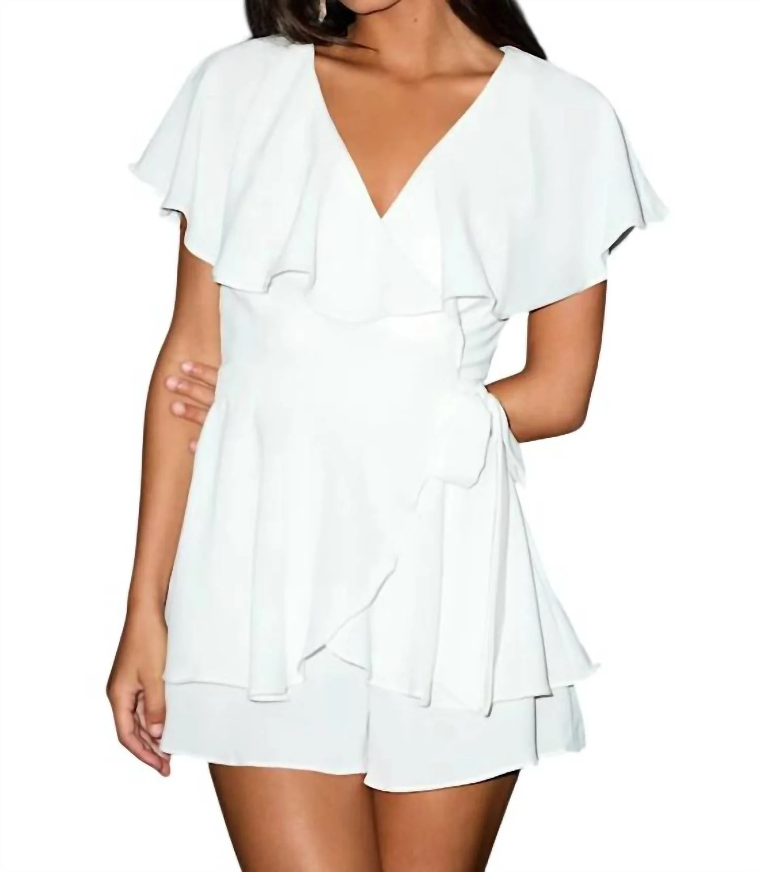 Aldrin Ruffled Backless Wrap Skort Romper In White