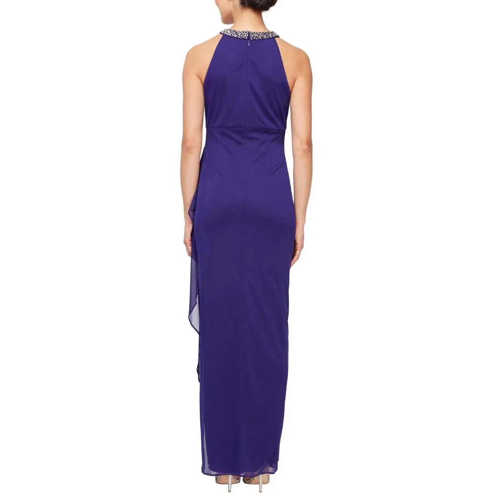 Alex Evenings Dress Women's Purple Mesh Side Slit Beaded Halter Neck FROG371 - Image 2