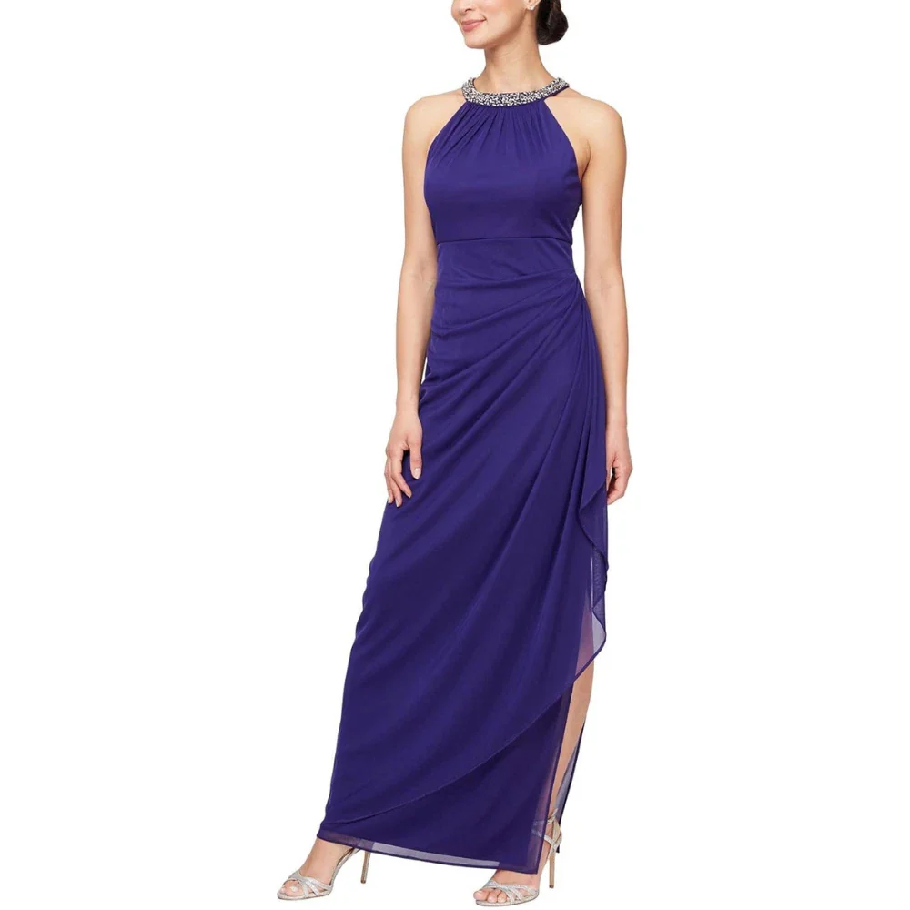 Alex Evenings Dress Women's Purple Mesh Side Slit Beaded Halter Neck FROG371 - Image 3