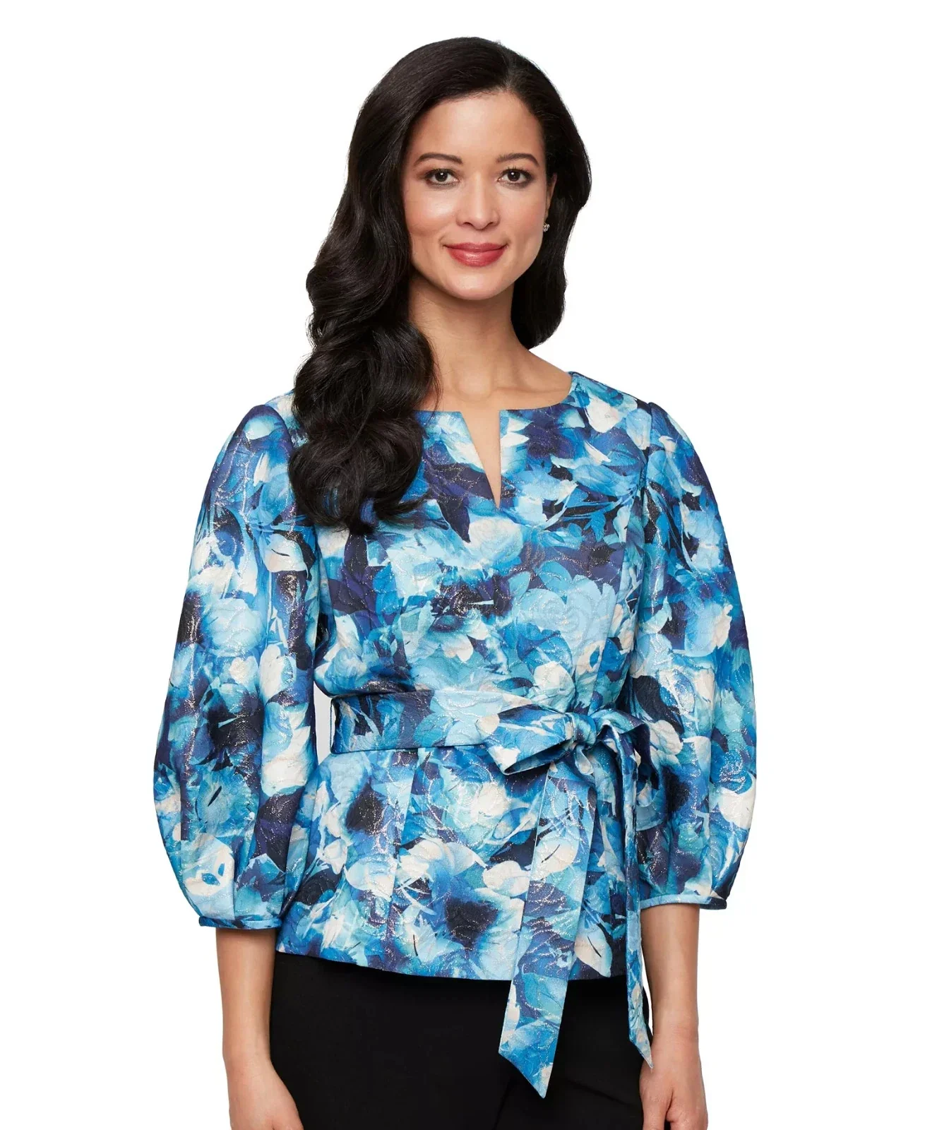 Alex Evenings Top Women's Blue Multi Floral Tie Waist 3/4 Sleeve Blouse PAL73