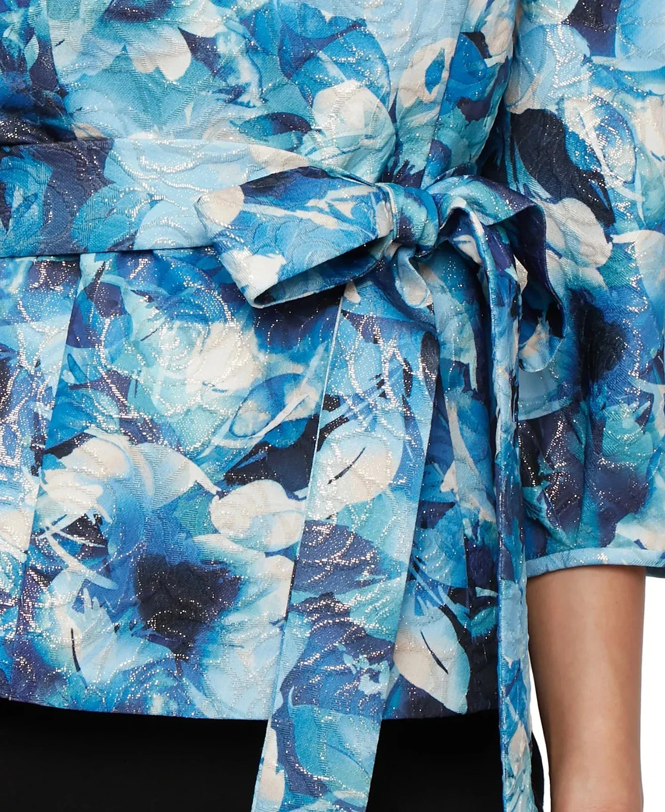 Alex Evenings Top Women's Blue Multi Floral Tie Waist 3/4 Sleeve Blouse PAL73 - Image 3