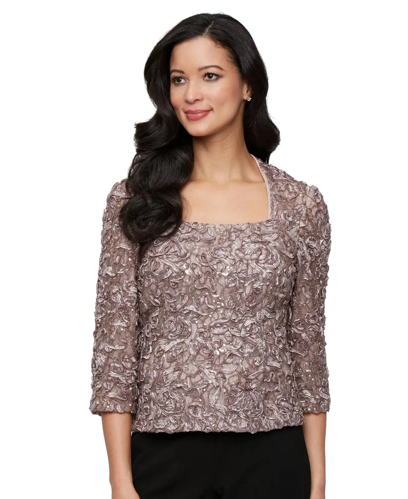 Alex Evenings Top Womens Mink Soutache Lace 3/4-Sleeve Square Neck PAL94