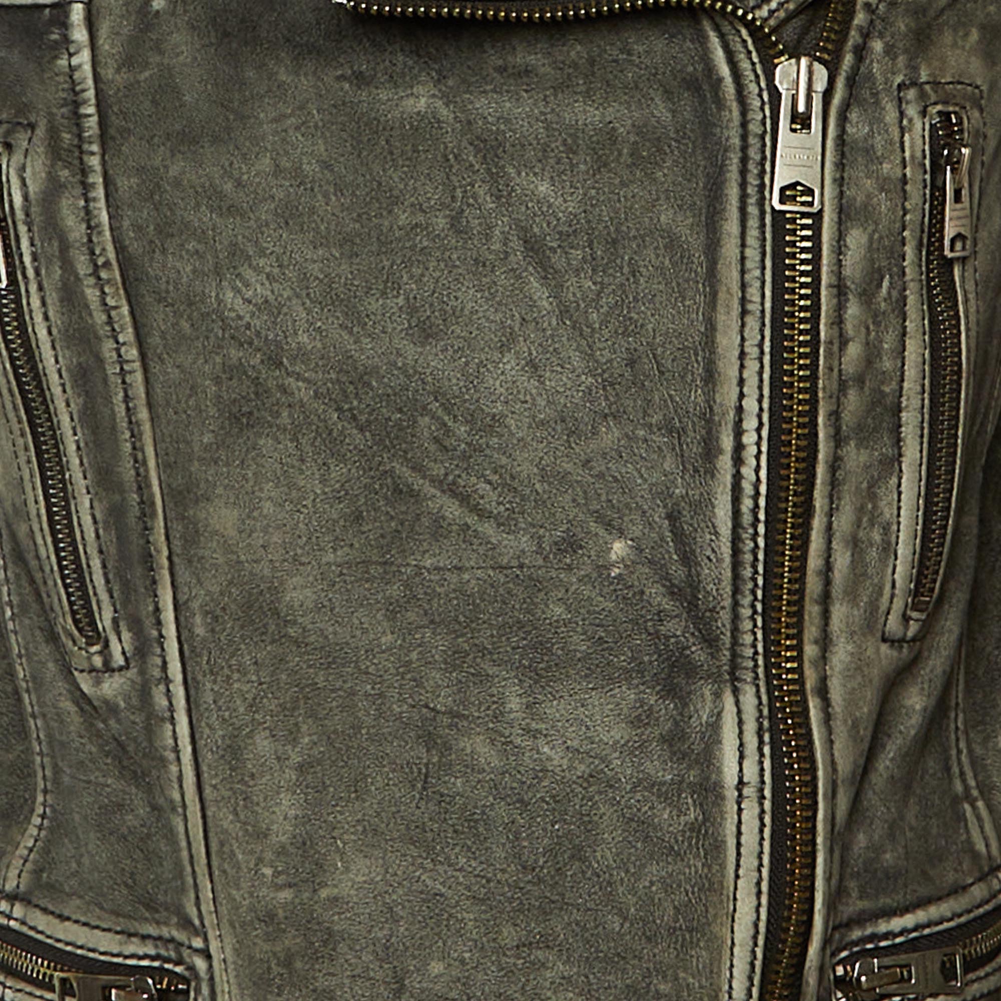 All Saints Vintage Grey Leather Cargo Biker Jacket - Image 3