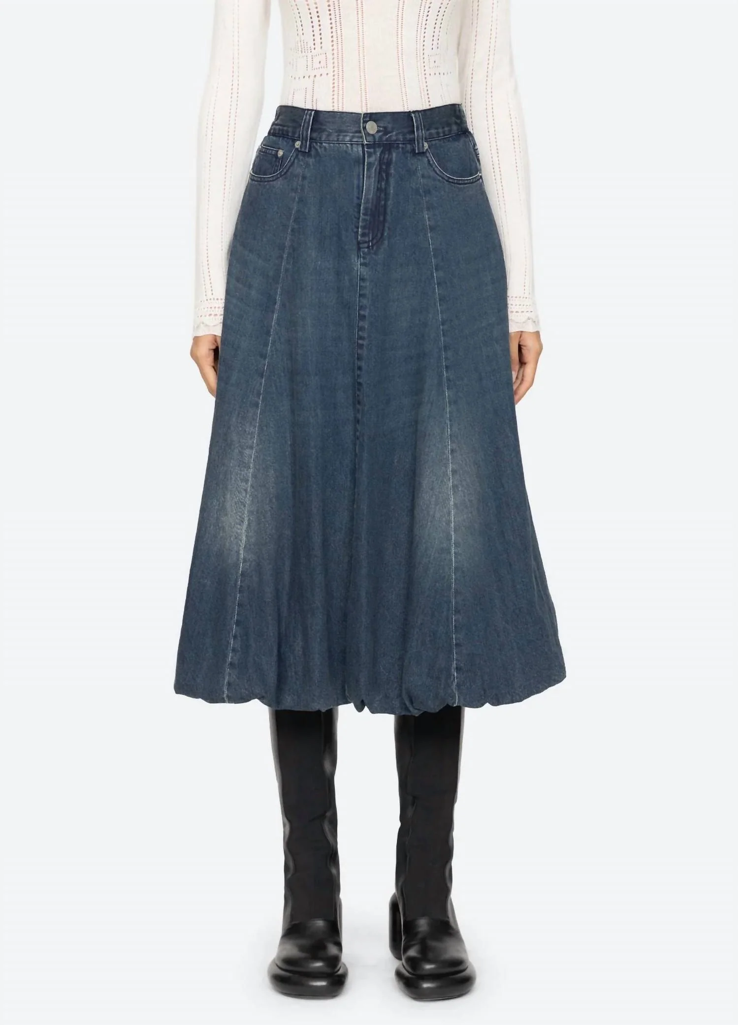 Amari Denim Bubble Midi Skirt In Blue