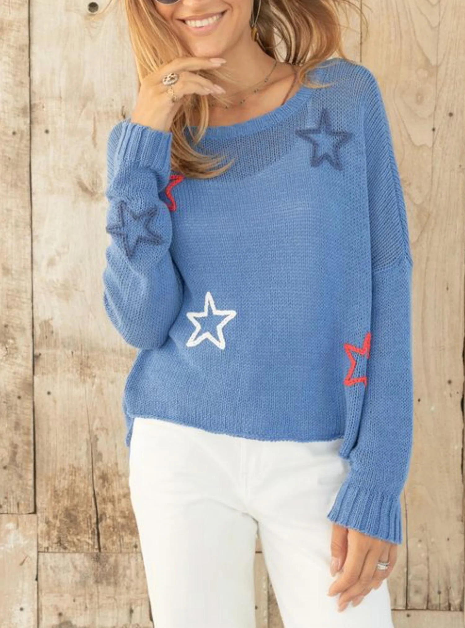American Star Crewneck Sweater In Cornish Blue Multi - Image 3
