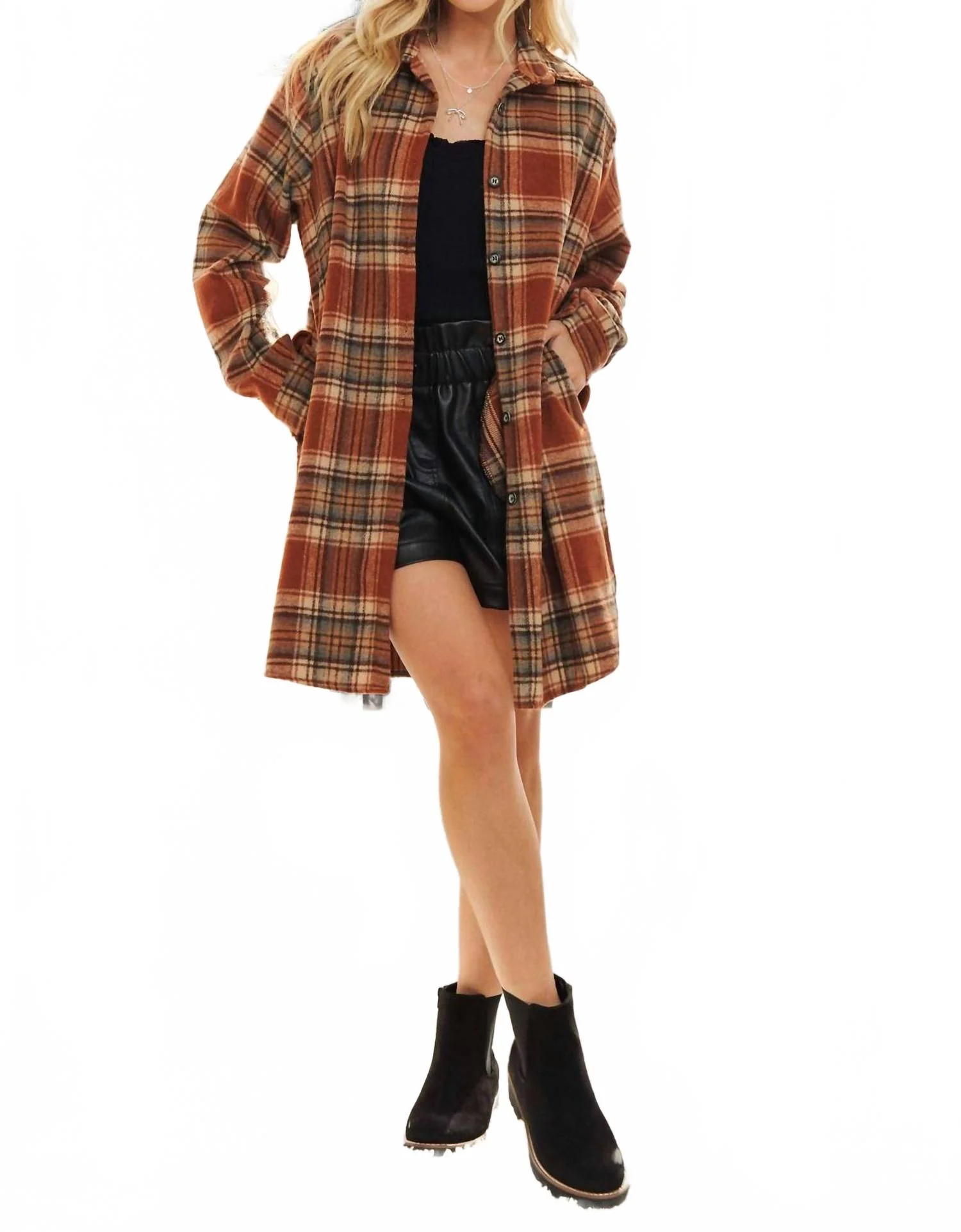 Amore Button Down Flannel Shacket - Plus In Rust