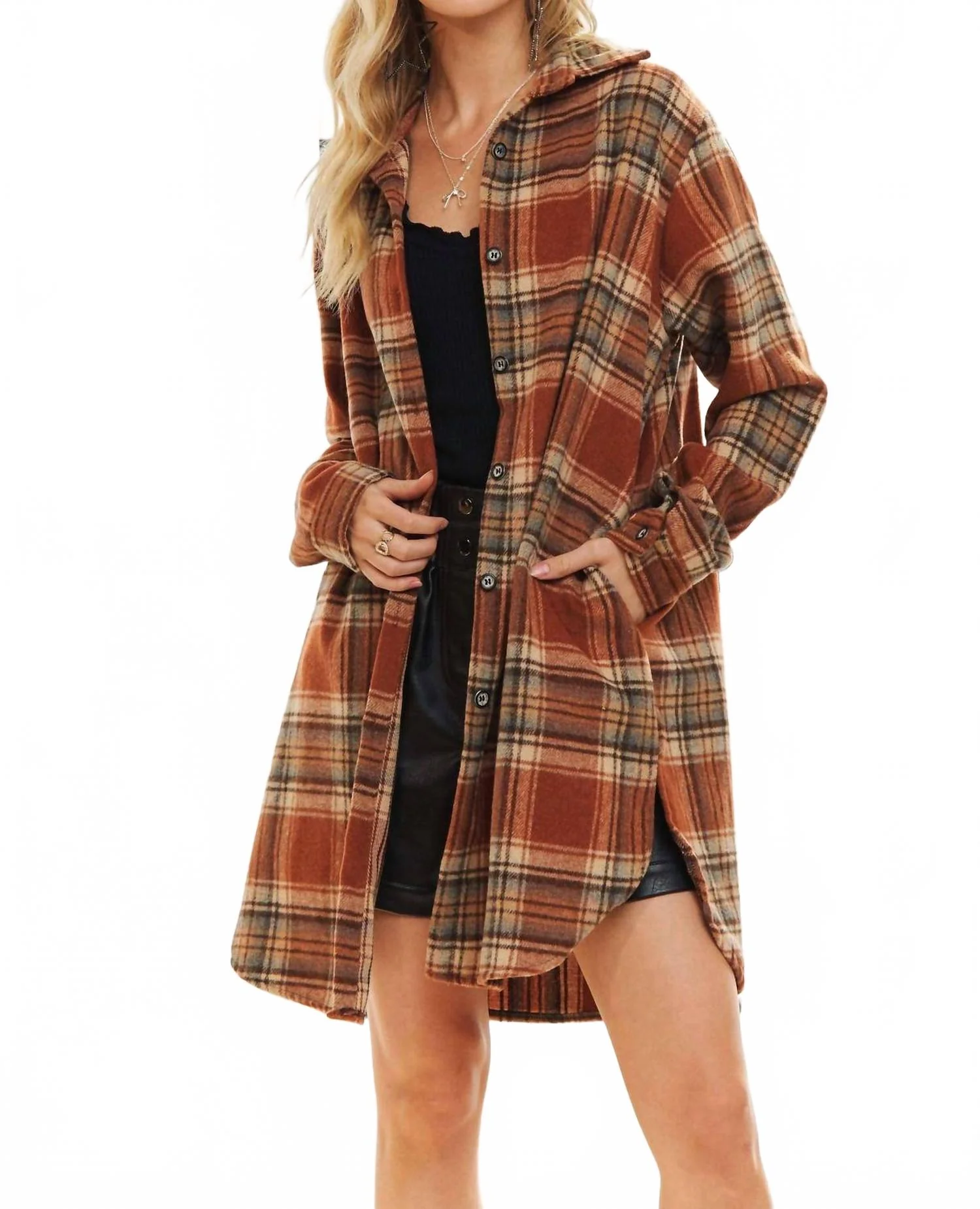Amore Button Down Flannel Shacket - Plus In Rust - Image 2