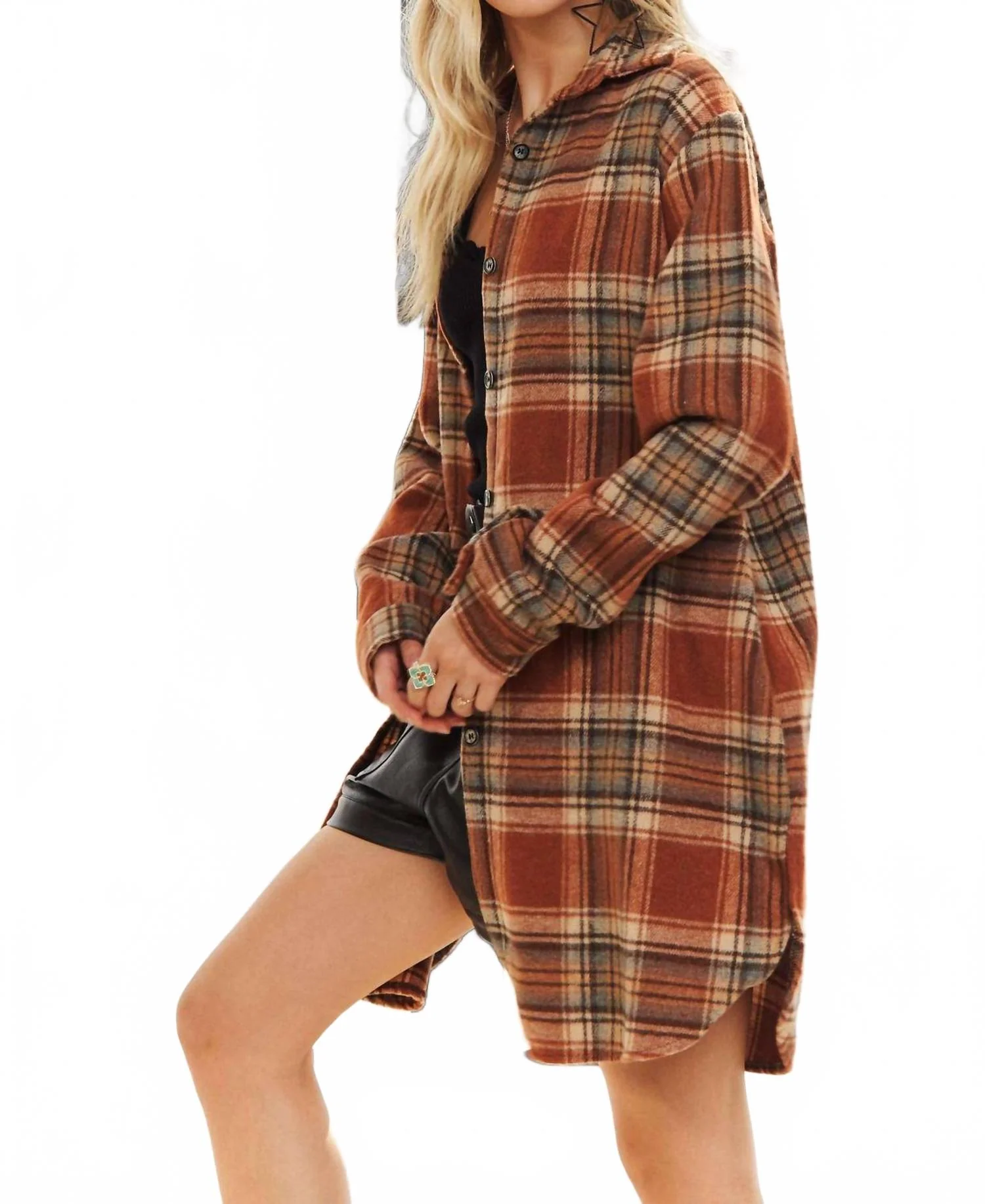 Amore Button Down Flannel Shacket - Plus In Rust - Image 3