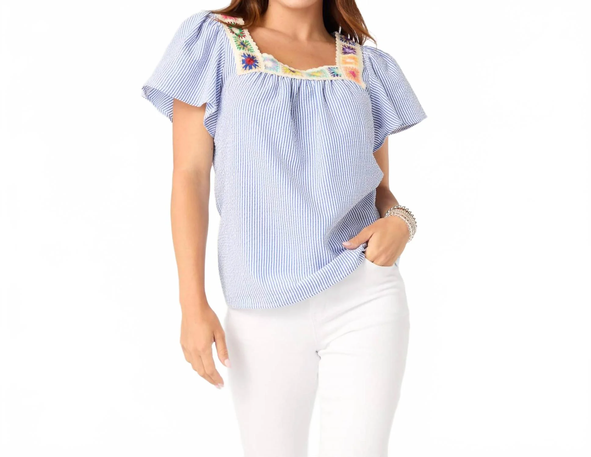 Amy Top With Crochet Trim In Blue And White