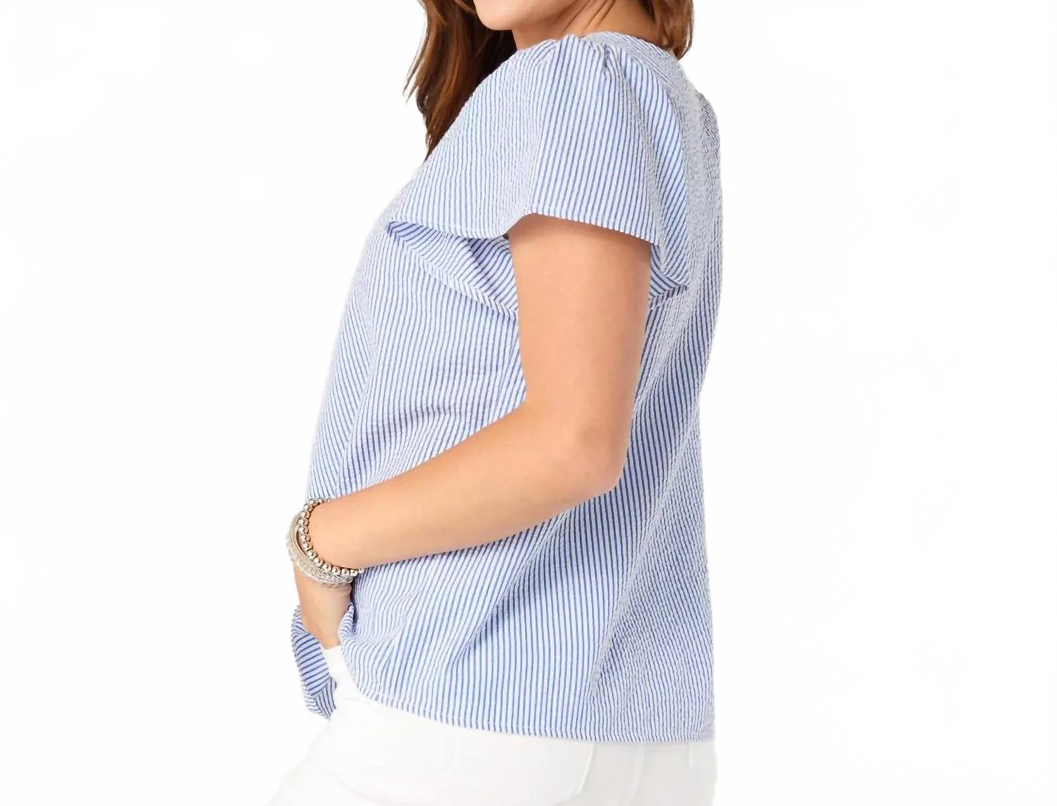 Amy Top With Crochet Trim In Blue And White - Image 2