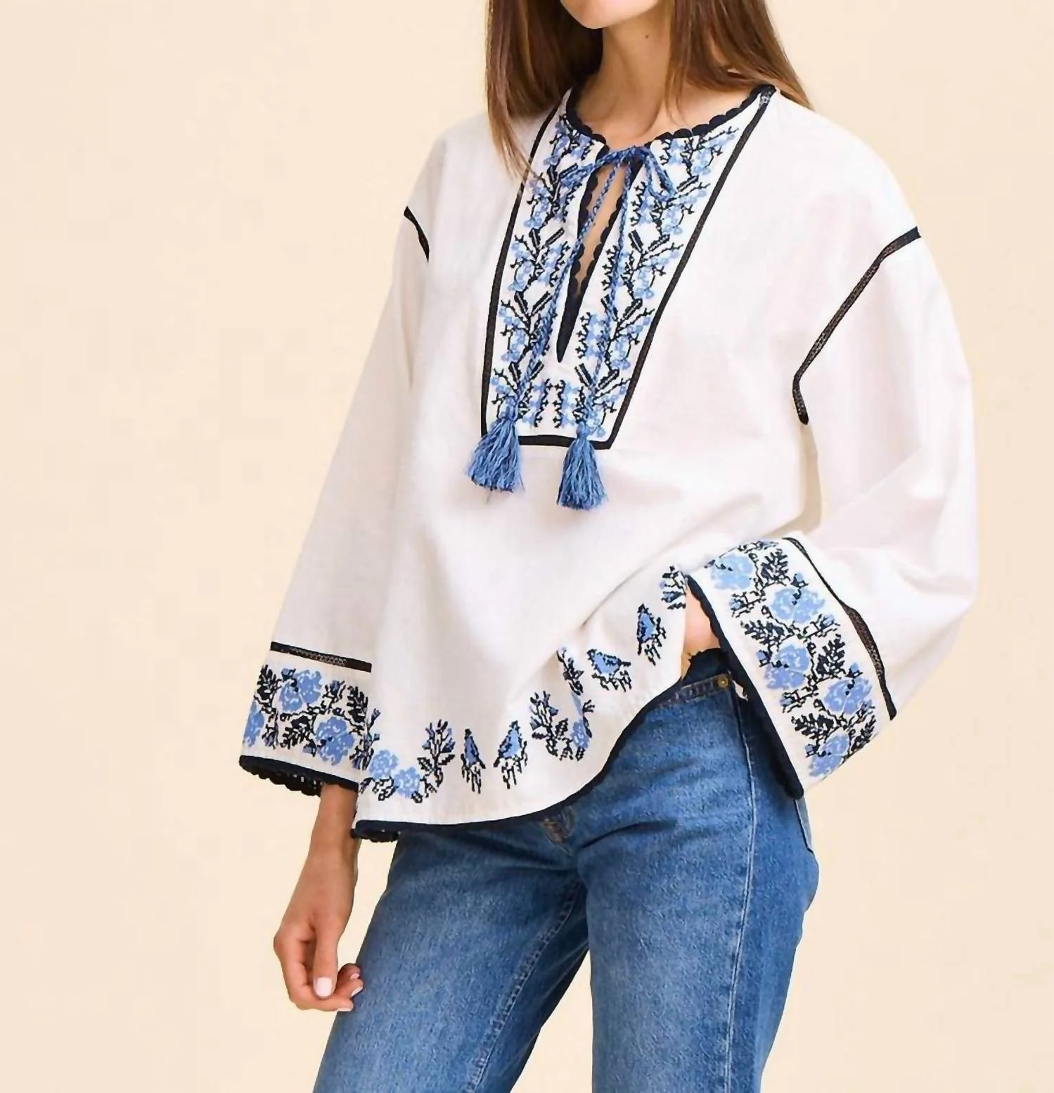 Angelica Tassel Tie Top In Santorini Embroidery - Image 3