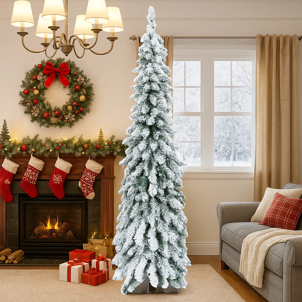 Artificial Slim Pencil Xmas Tree with Snow-Flocked Branches - Image 2