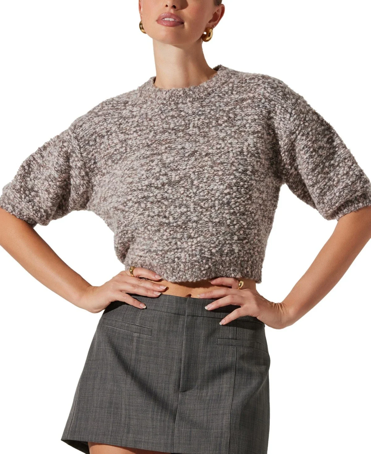 ASTR the Label Colette Sweater Women Gray Wool Blend Puff Sleeve Cropped PAL6