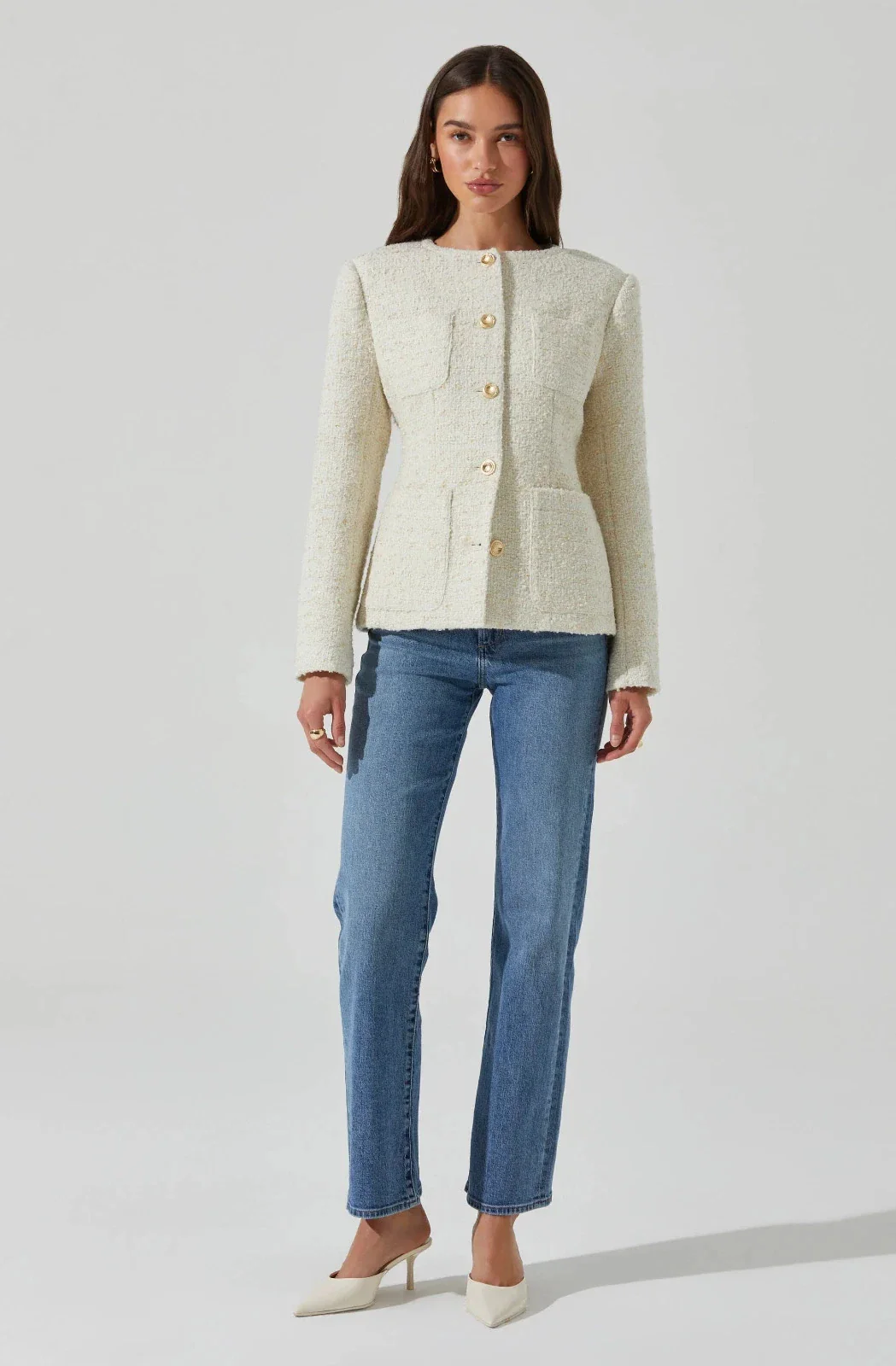 ASTR the Label Sarae Jacket Women's Cream Tweed Collarless Button Front PAL10 - Image 4
