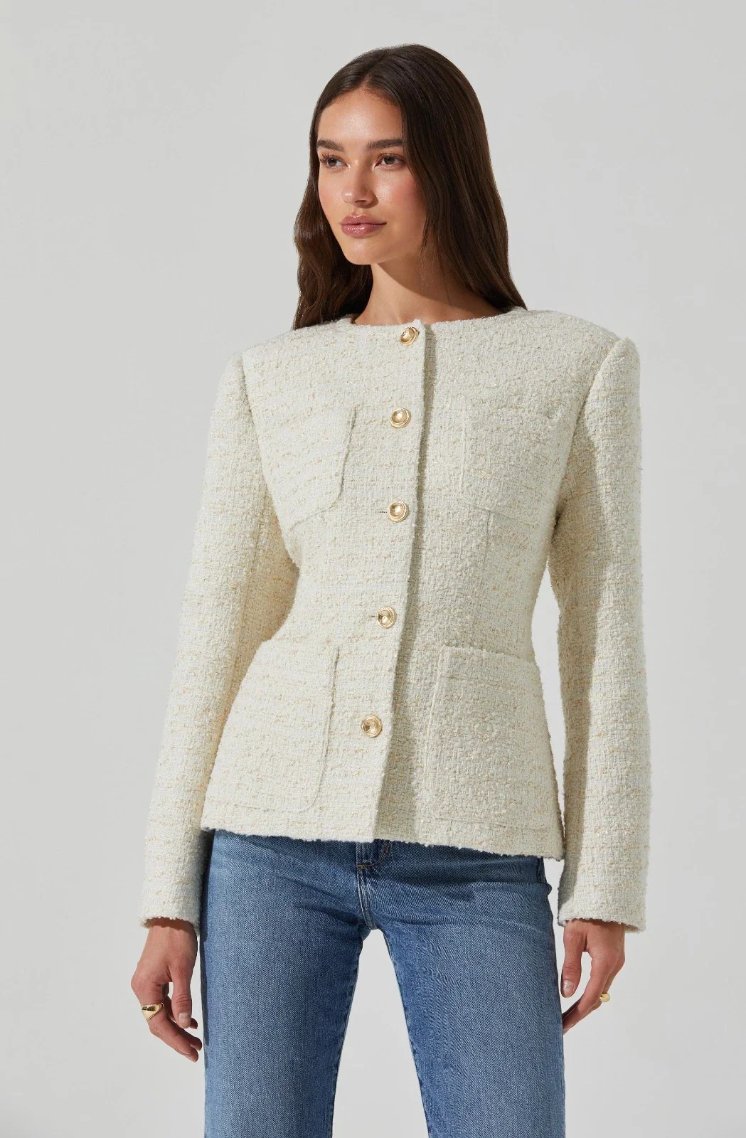 ASTR the Label Sarae Jacket Women's Cream Tweed Collarless Button Front PAL10 - Image 6