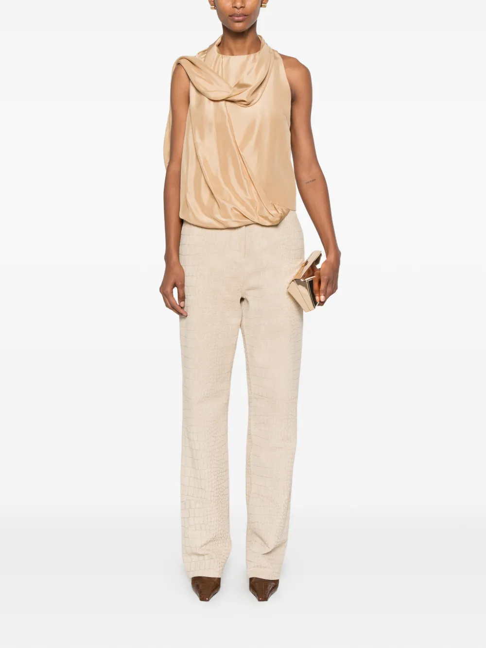 Asymmetrical Satin Top with Draped Cowl Neckline - Image 2