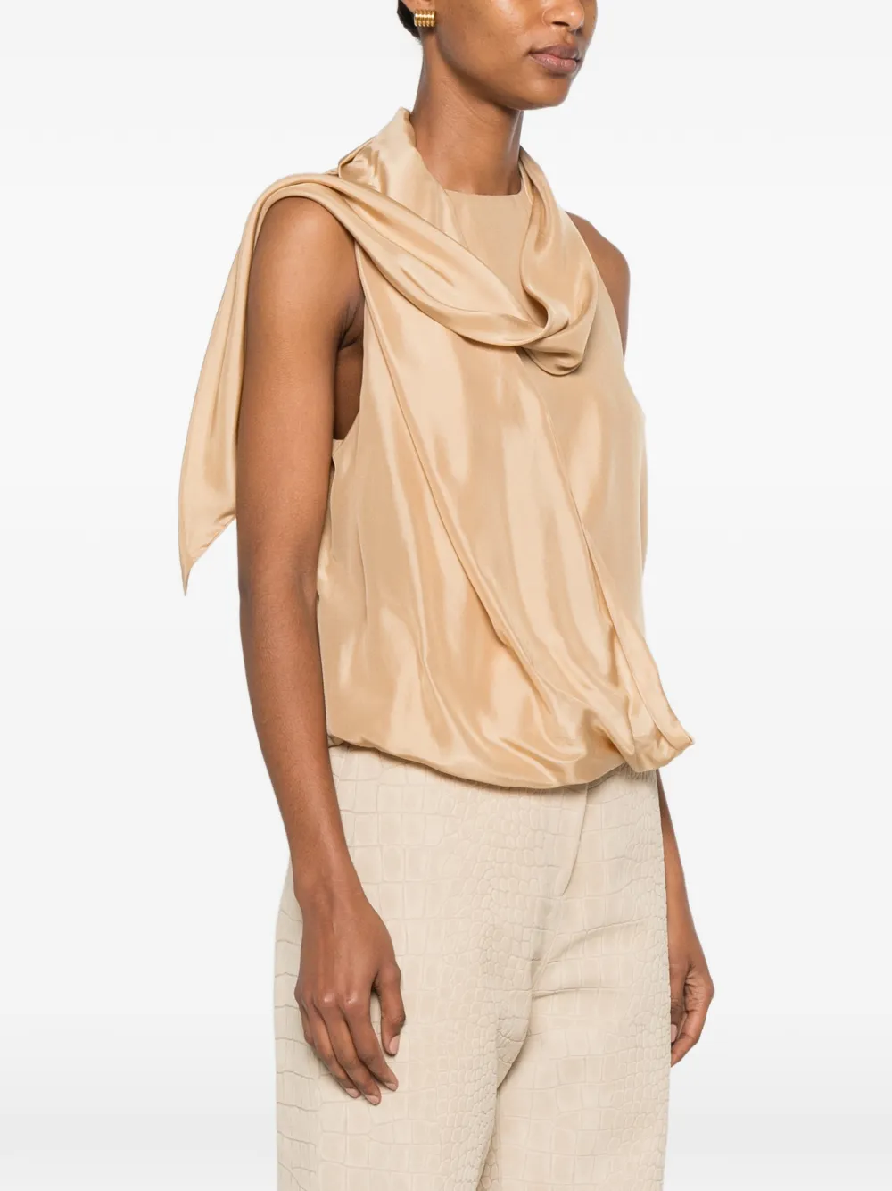 Asymmetrical Satin Top with Draped Cowl Neckline - Image 3