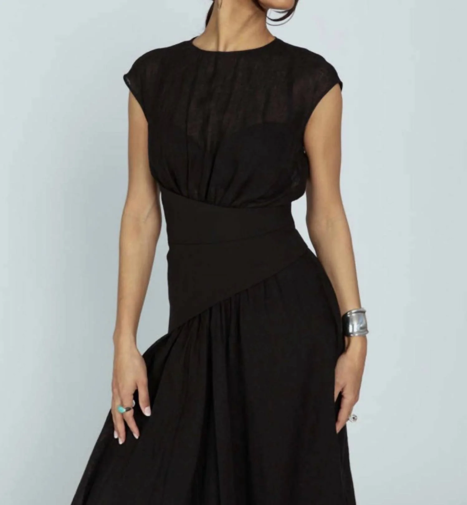 Asymmetrical Waist Midi Dress In Black - Image 3