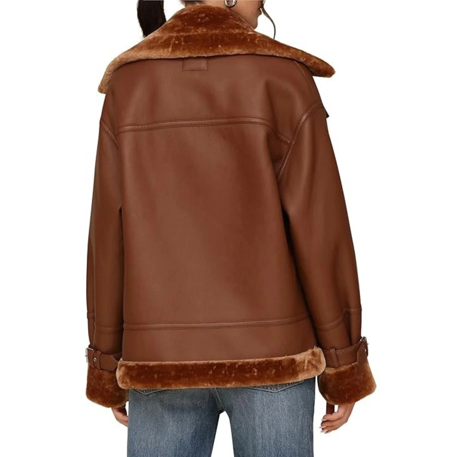 Avec Les Filles Moto Coat Women's Brown Leather Oversized Faux Shearling FROG309 - Image 2
