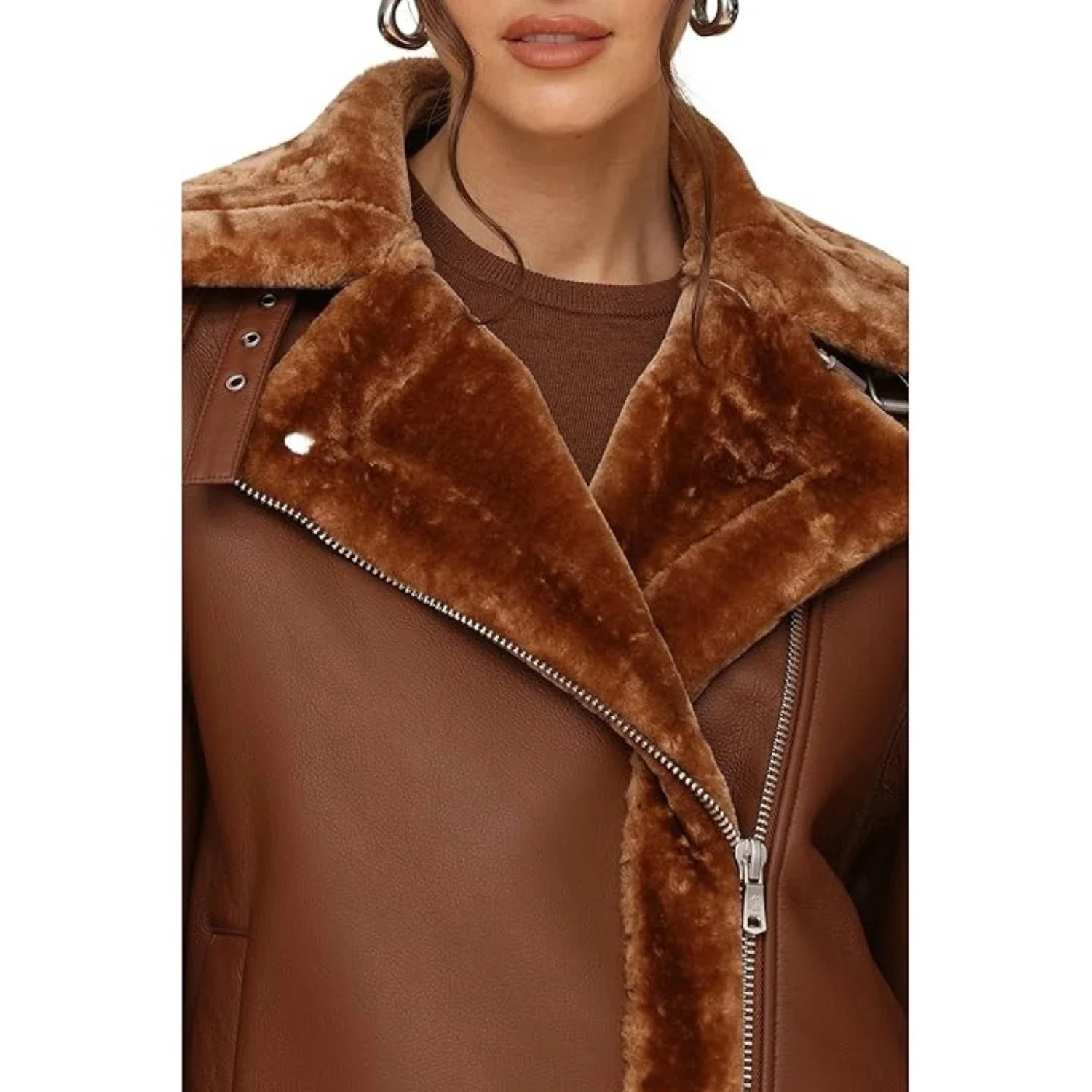 Avec Les Filles Moto Coat Women's Brown Leather Oversized Faux Shearling FROG309 - Image 3