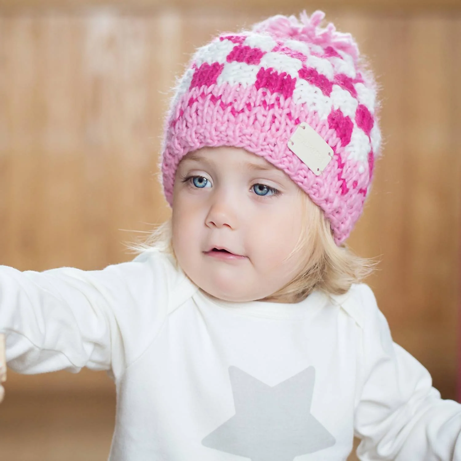 Baby Checkered Pompom Bobble Hat In Pink/white - Image 2