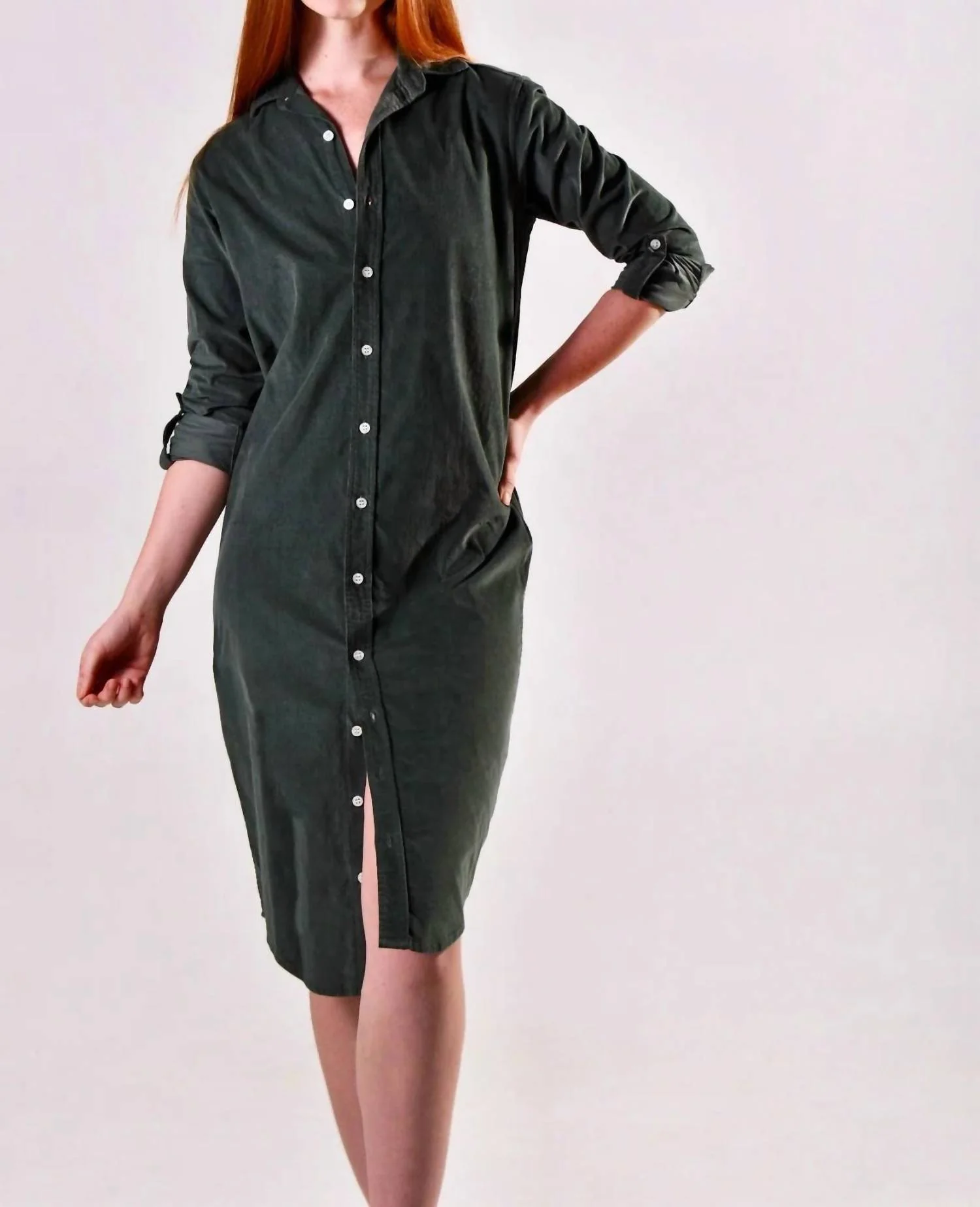 Baby Cord Midi Dress In Forest Green