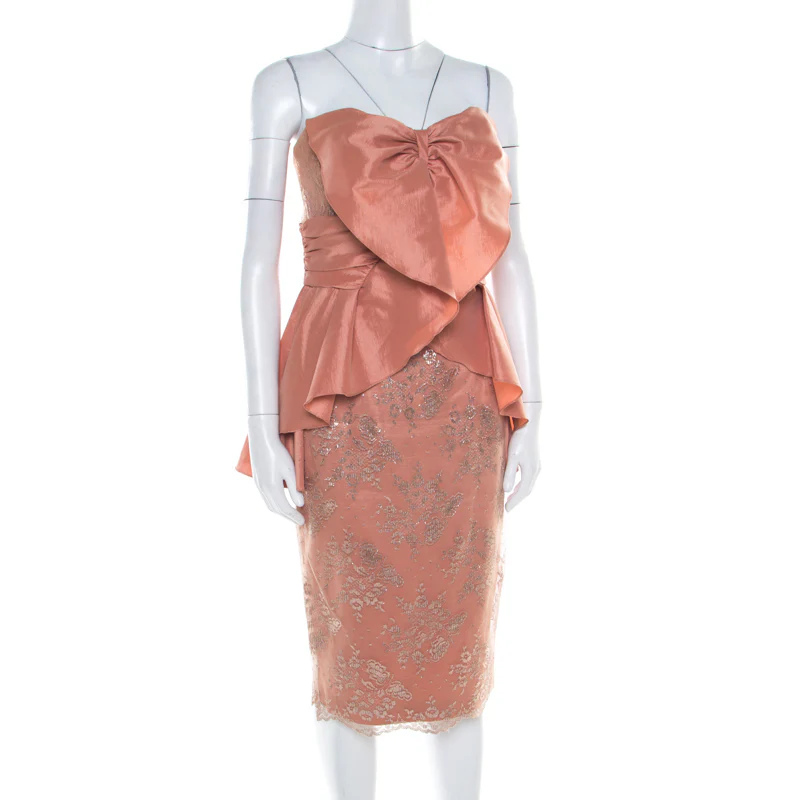 Badgley Mischka Collection Copper Metallic Lace Overlay Strapless Kimono Dress - Image 2