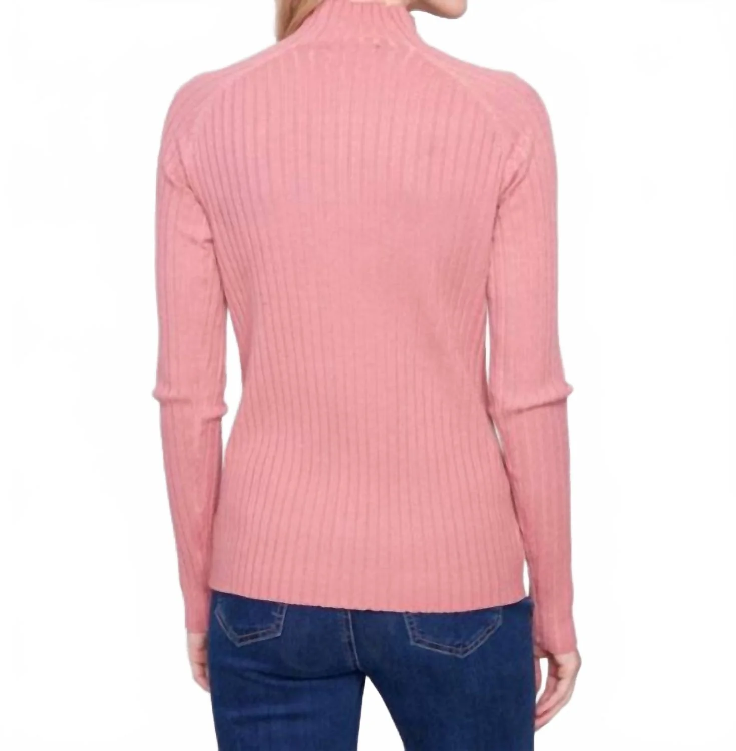 Basic Ribbed Knit Mock Neck Sweater In Pink - Image 2