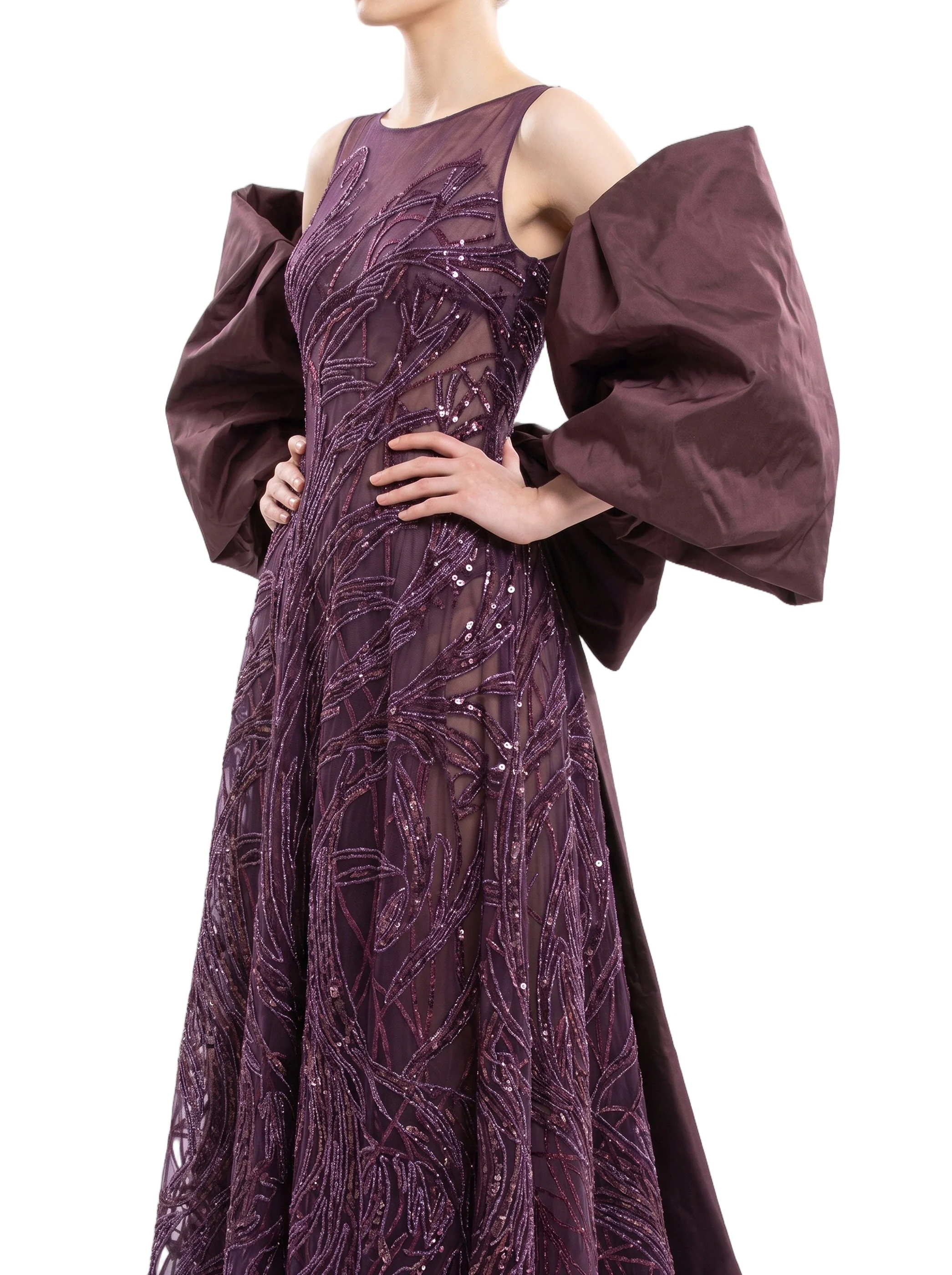 Bateau Neckline Embroidered Long Dress With Oversized Cape - Image 2