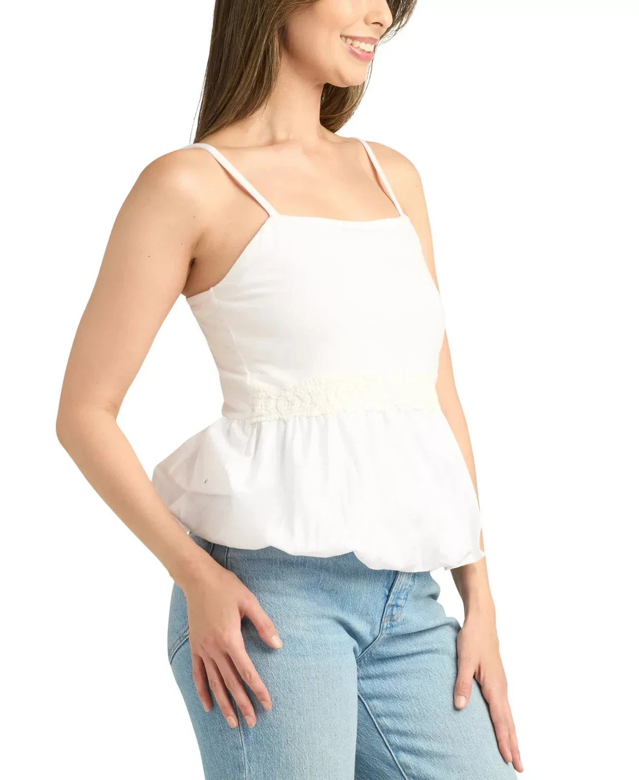 Bcx Top Women's White Poplin Bubble Peplum Square Neck Blouse Preppy PAL119 - Image 4