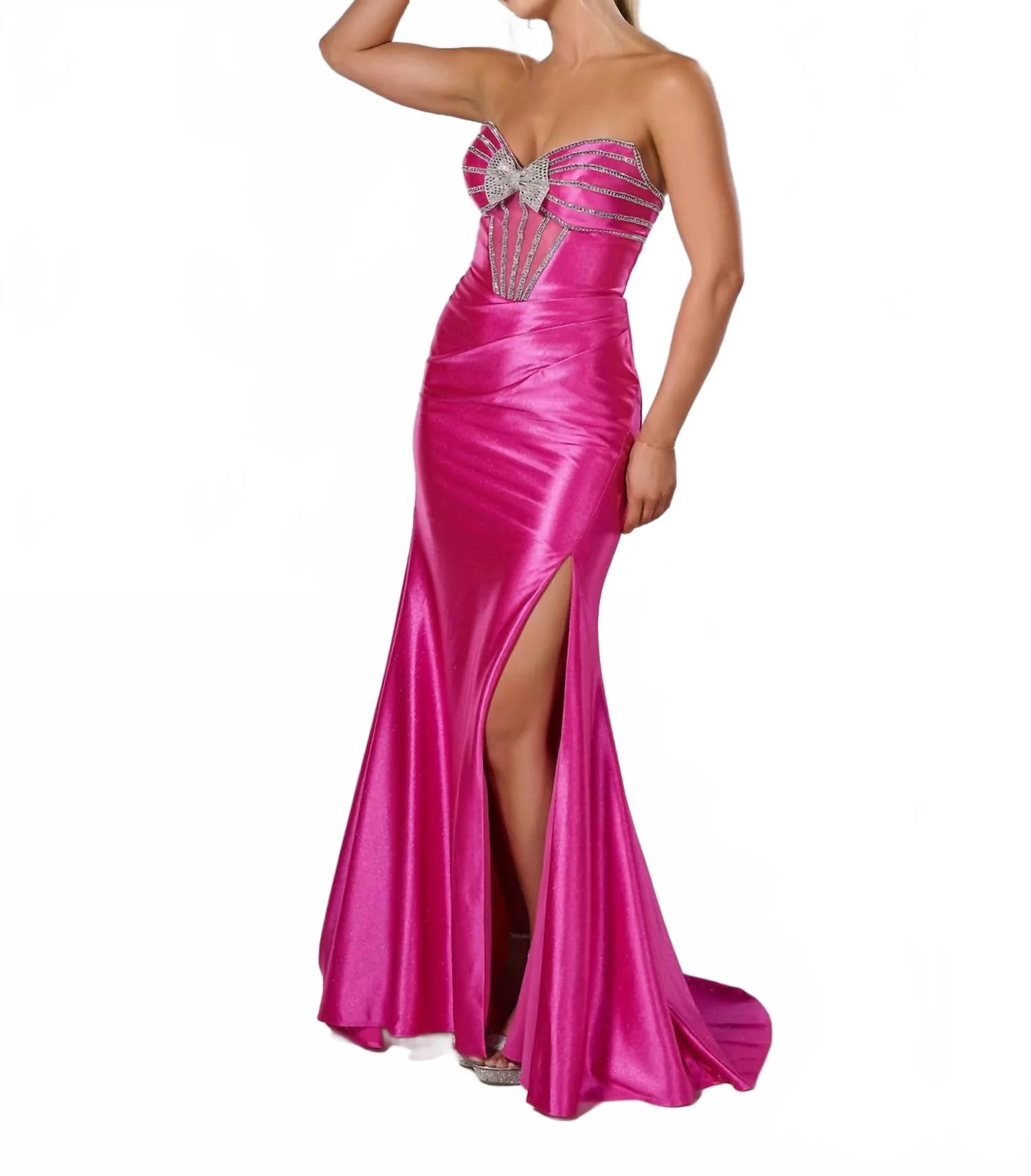 Beaded Fitted Strapless Slit Gown In Hot Pink